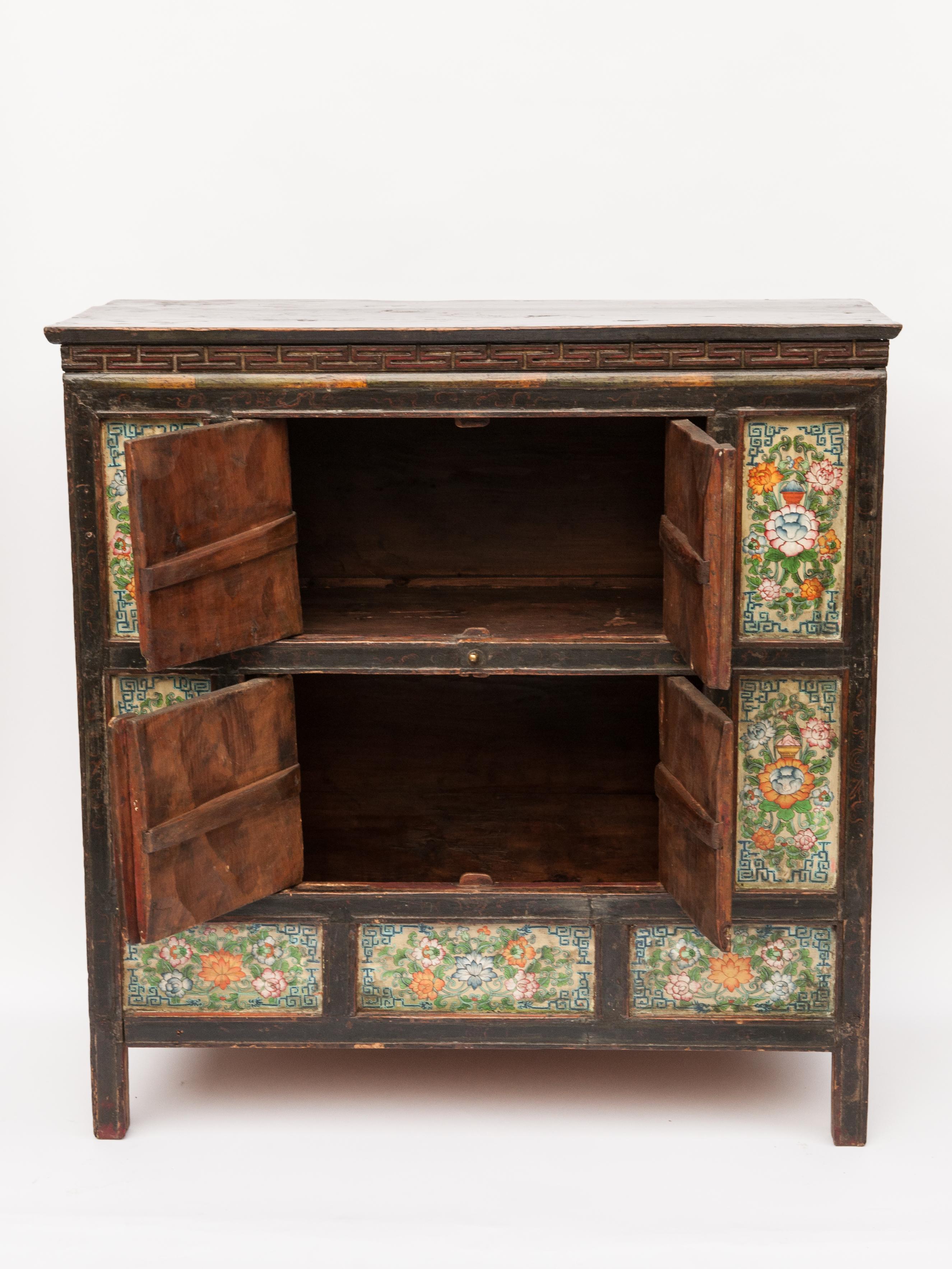 Antique 19th Century Hand Painted Tibetan Cabinet In Good Condition In Point Richmond, CA