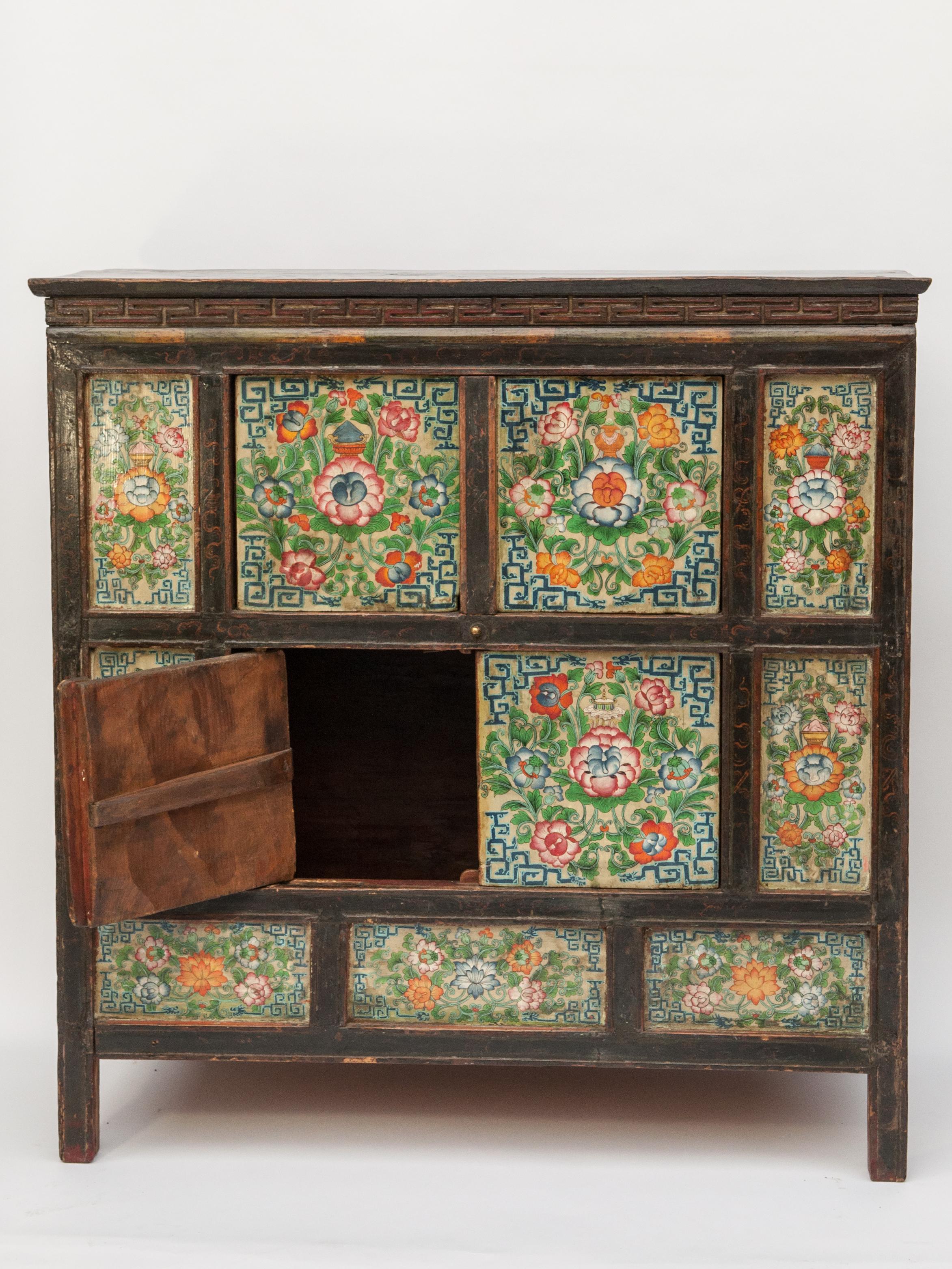 Wood Antique 19th Century Hand Painted Tibetan Cabinet