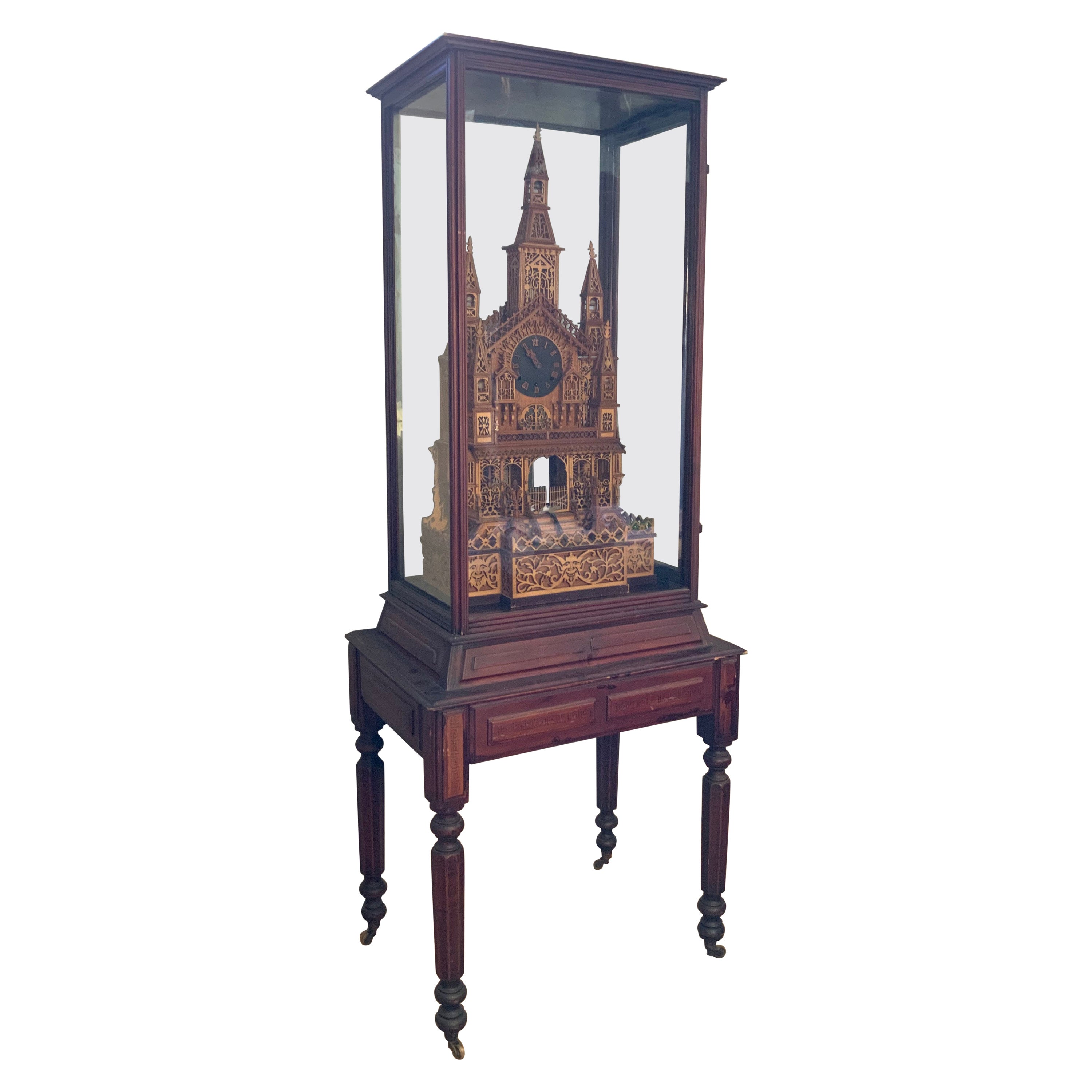 Antique 19th Century Handmade Church Clock in Original Glass Case For Sale