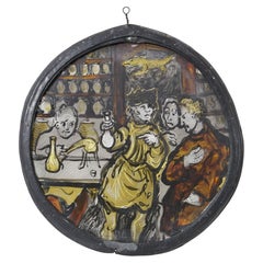 Médaillon en verre peint à la main, datant du XIXe siècle, représentant une scène alchimique