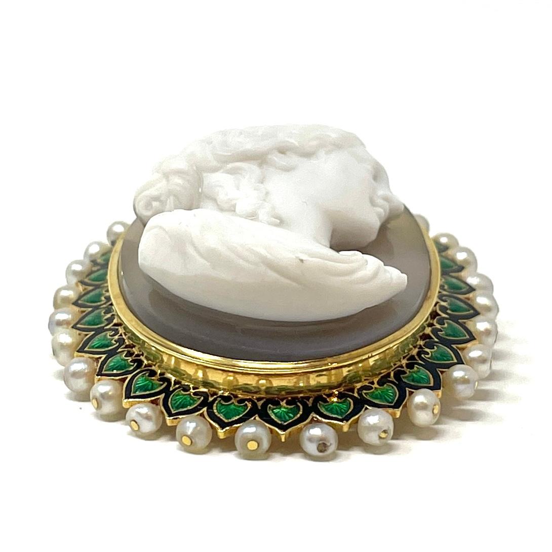 Women's or Men's Antique 19th Century Hardstone Cameo Brooch in 18K French Enameled Setting For Sale