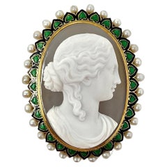 Antique 19th Century Hardstone Cameo Brooch in 18K French Enameled Setting