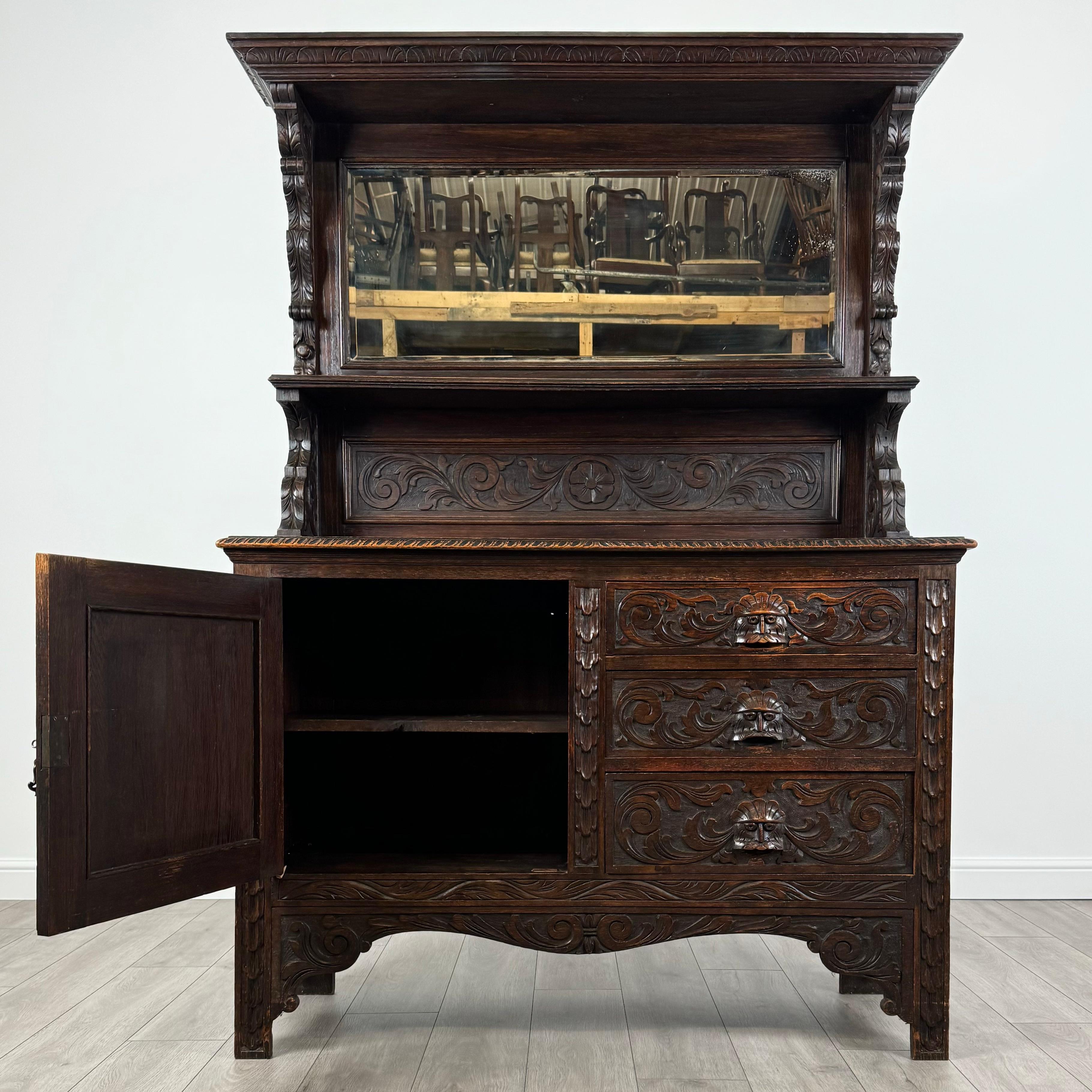 Victorian Antique 19th Century Heavily Carved Sideboard In Oak ( REF AF-3527 )