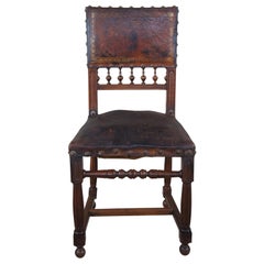 Antique 19th Century Henry II Renaissance Revival Mahogany & Leather Side Chair