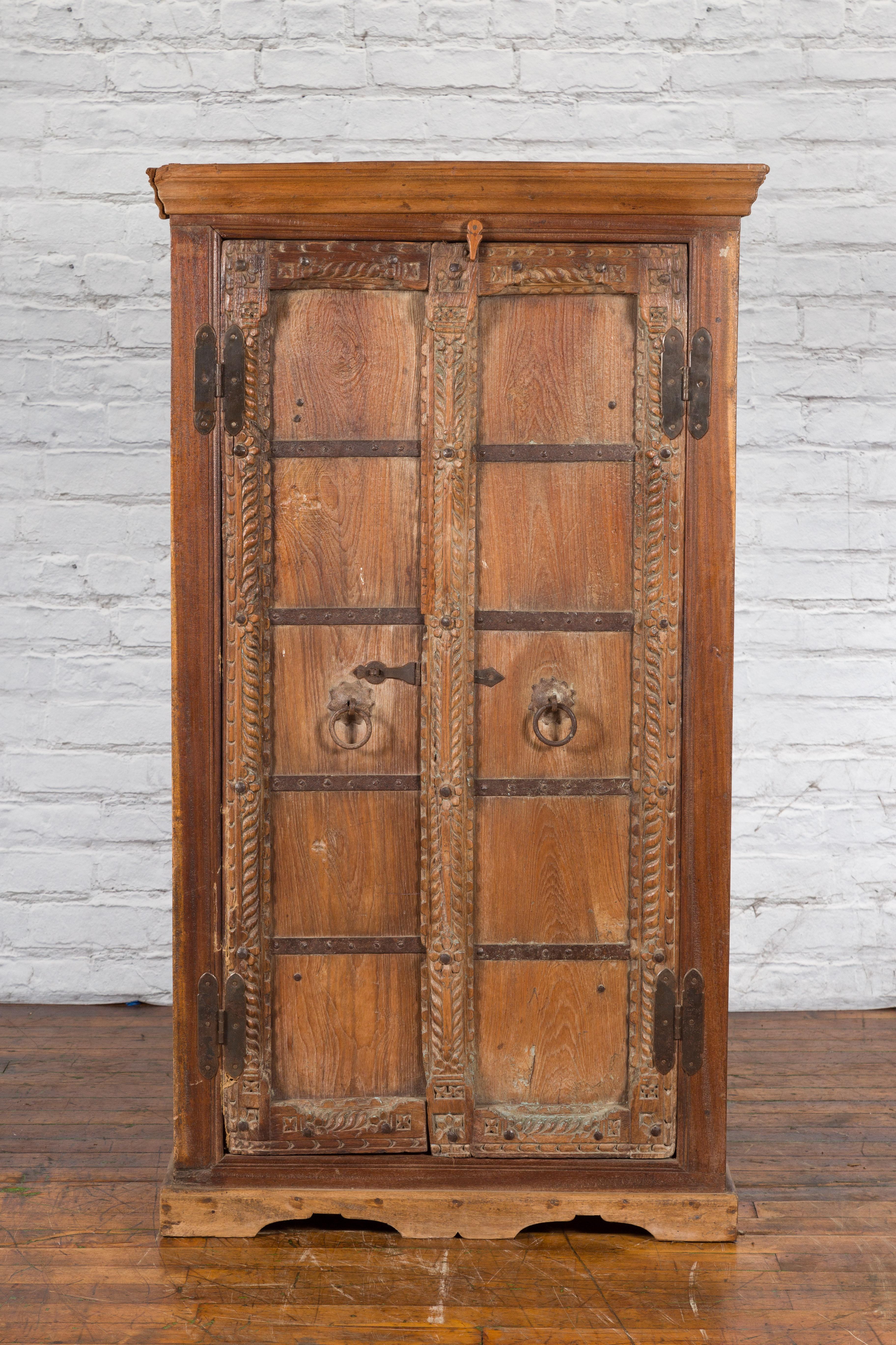 Antique 19th Century Indian Armoire with Metal Braces and Hand-Carved Décor 1