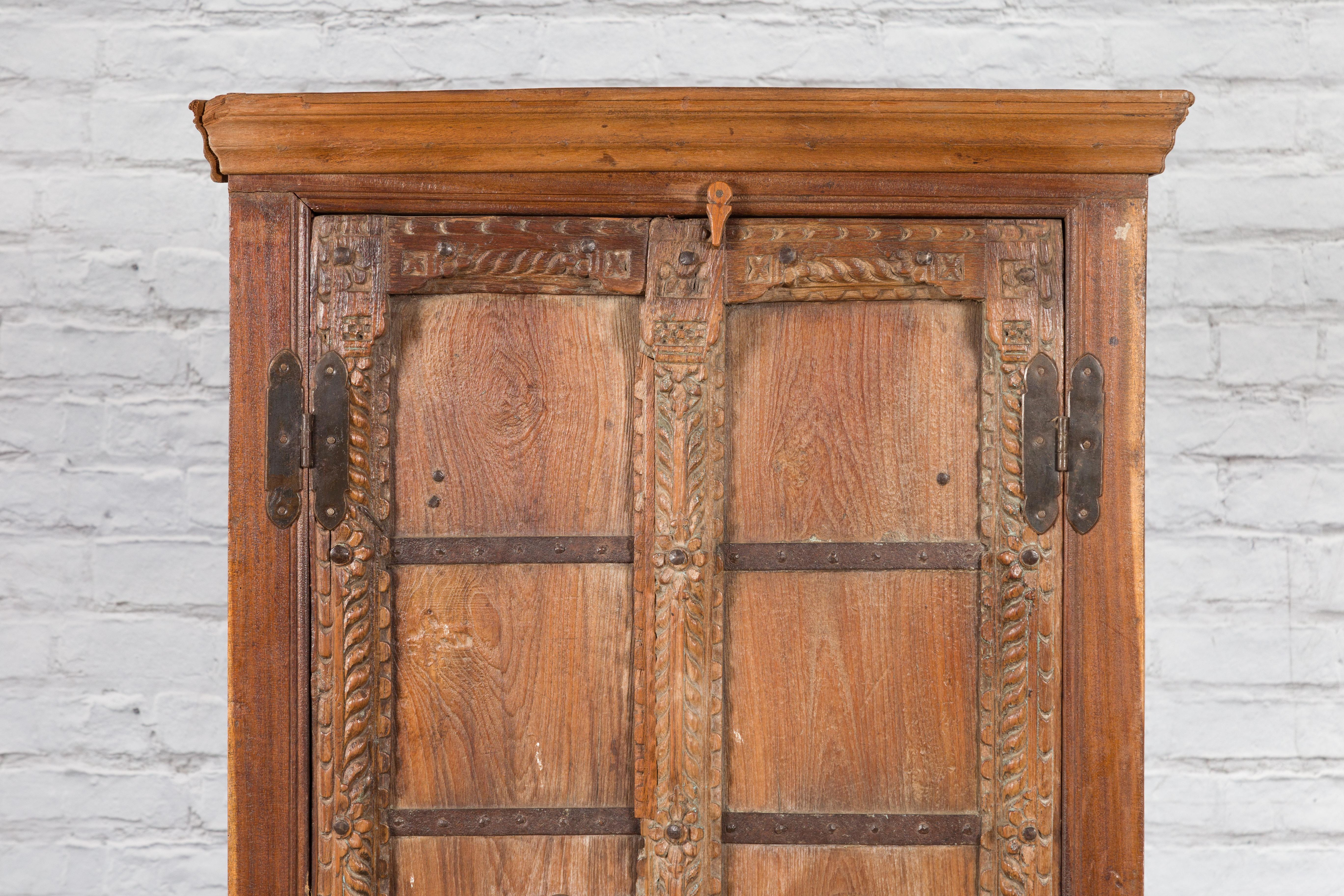 Antique 19th Century Indian Armoire with Metal Braces and Hand-Carved Décor 2