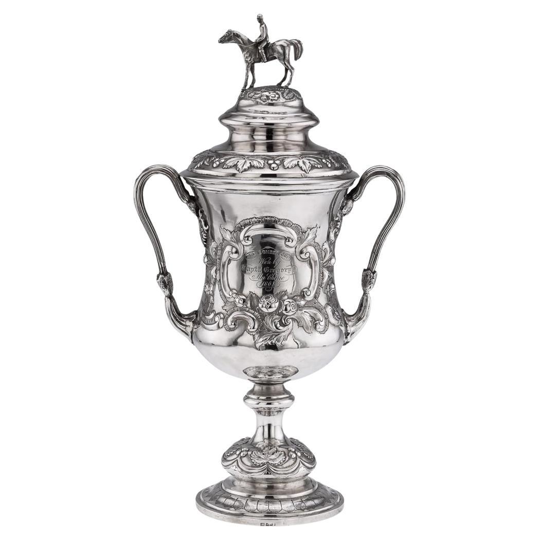 Antique 19th Century Indian Colonial Solid Silver Trophy Cup & Cover c.1860