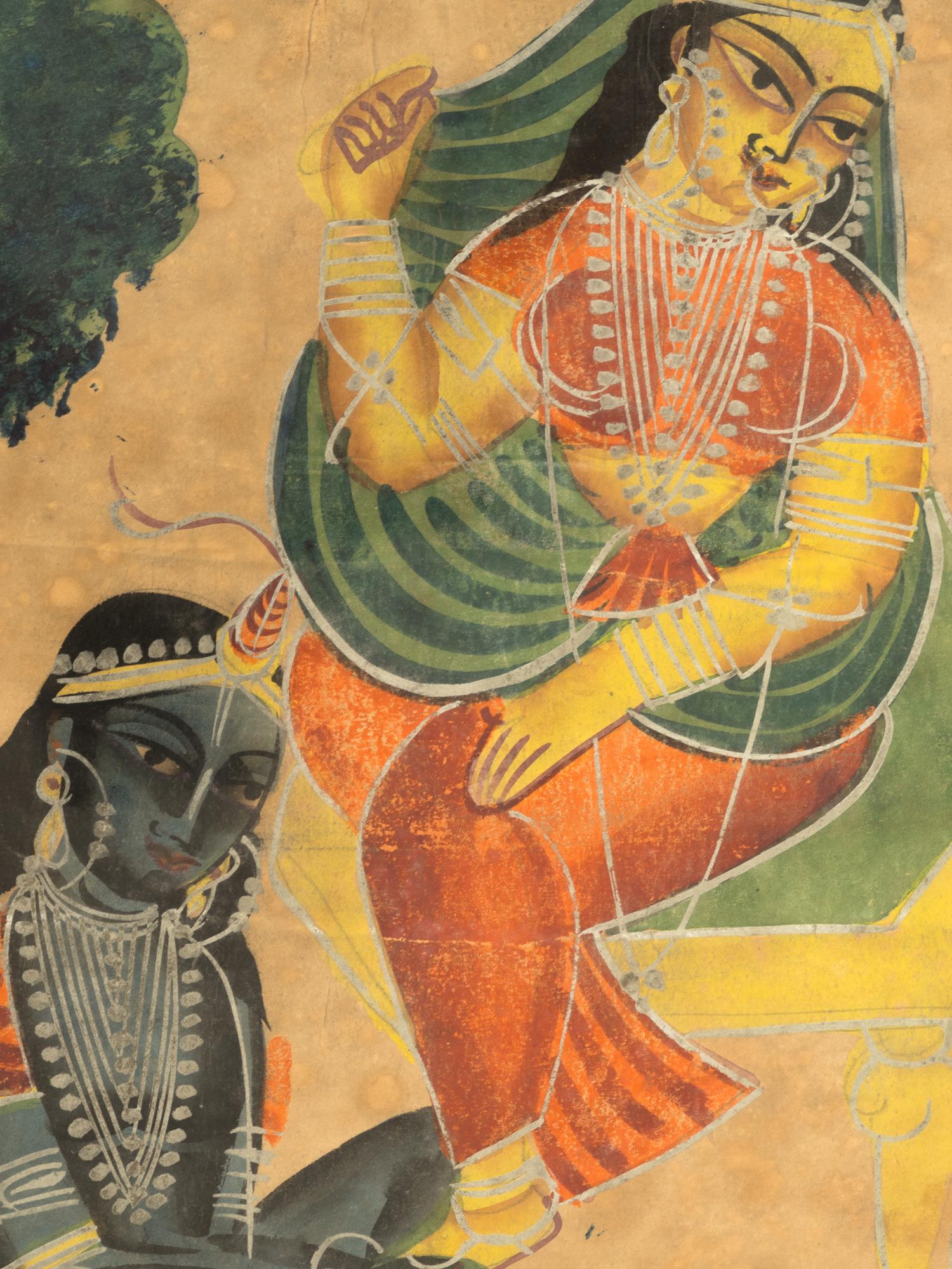 Antique 19th Century Indian Kalighat painting of the God Krishna worshipping his divine consort Radha. 
 Painted in Calcutta, Bengal, India by a Bengali patua, with natural mineral pigment paints on paper.
 Signed illegibly in pencil, lower