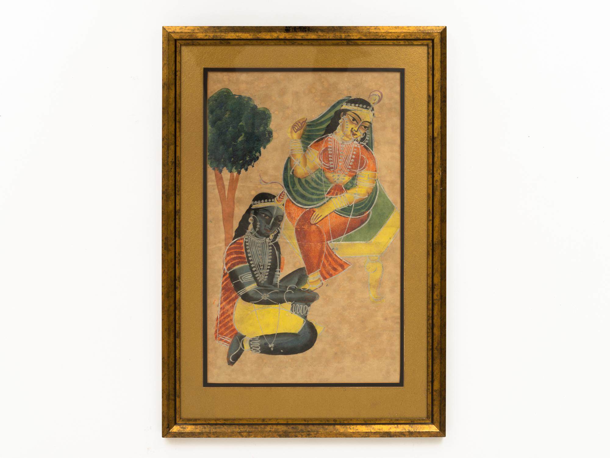 Hand-Painted Antique 19th Century Indian Kalighat Painting of Krishna Adoring Radha For Sale