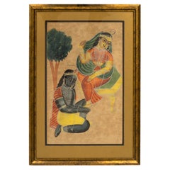Antikes indisches Kalighat-Gemälde von Krishna, der Radha schmückt, 19. Jahrhundert