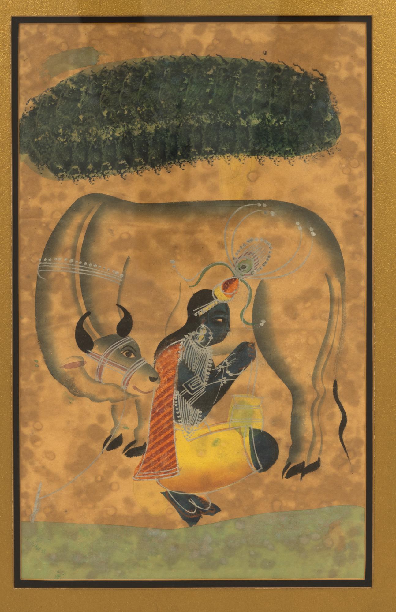 Antique late 19th Century Indian Kalighat natural pigment watercolor painting of Krishna milking a cow under a Pipal tree. The cow is smiling at Krishna, with divine love. The cosmic dance of life represented in a symbolic message within the