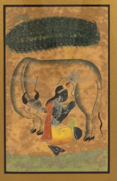 Antique 19th Century Indian Kalighat Painting of Krishna Milking Cow