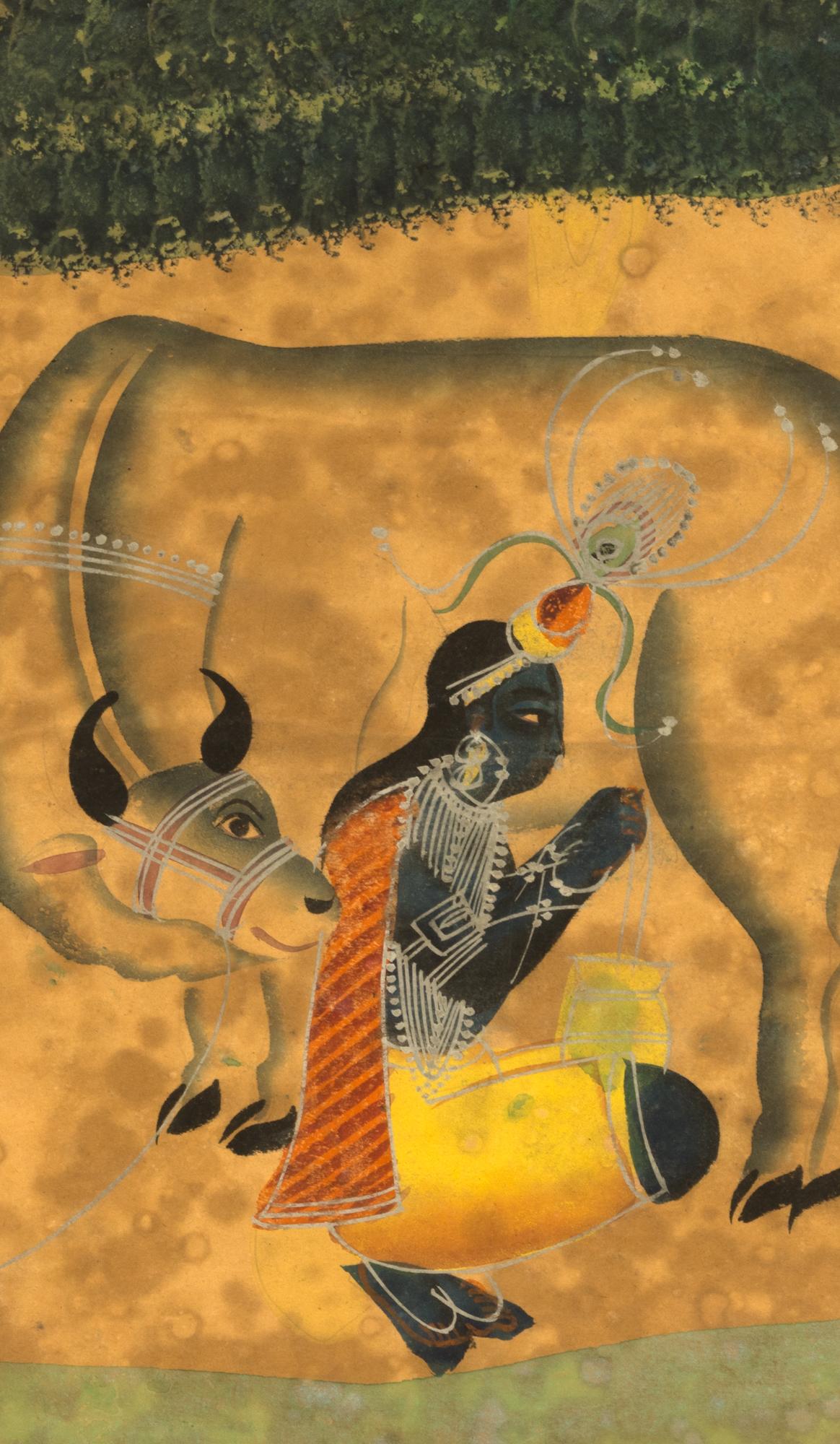 Folk Art Antique 19th Century Indian Kalighat Painting of Krishna Milking Cow For Sale
