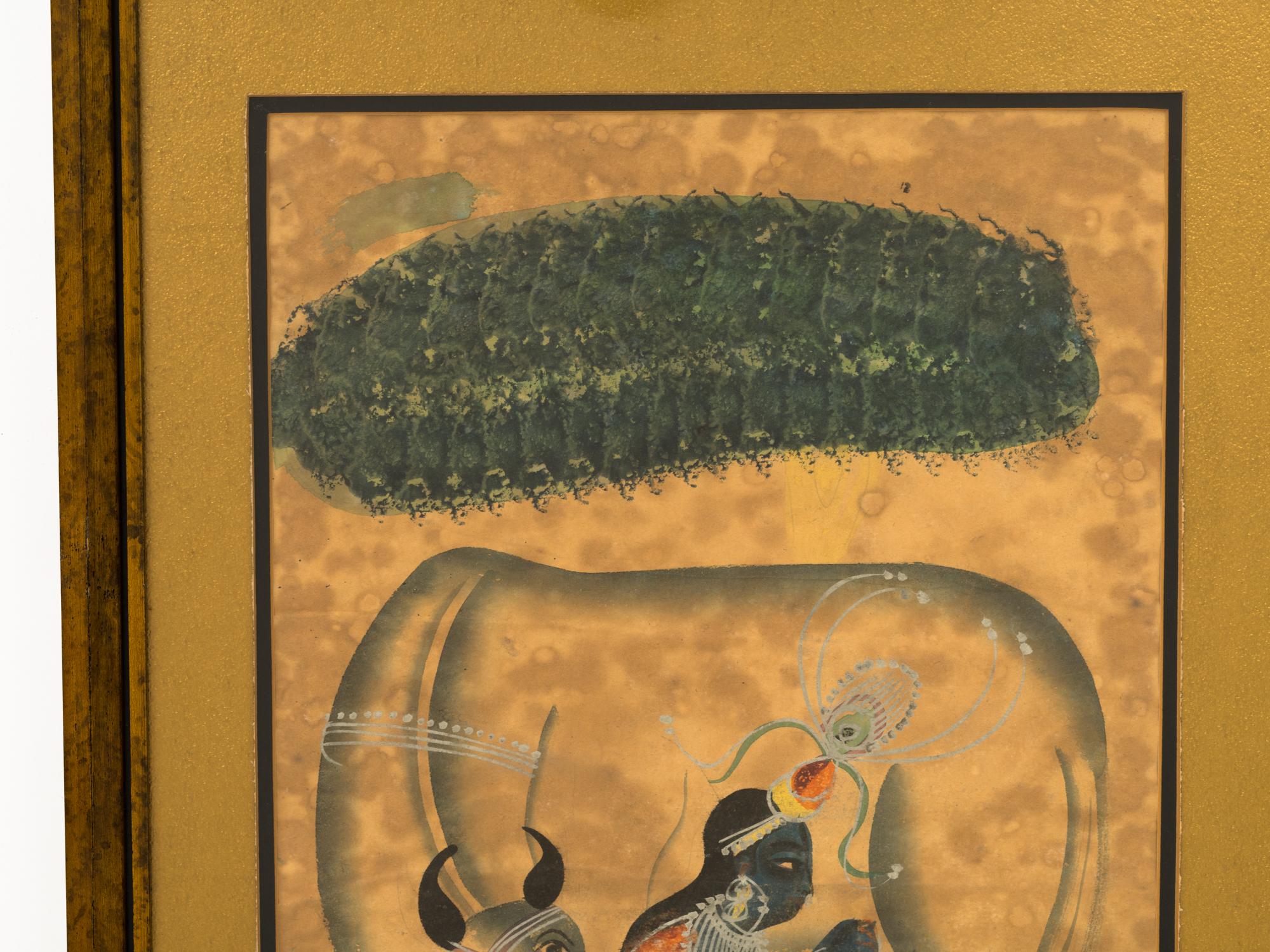 Hand-Painted Antique 19th Century Indian Kalighat Painting of Krishna Milking Cow For Sale