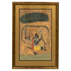 Peinture indienne ancienne Kalighat du 19ème siècle représentant Krishna laitant une vache