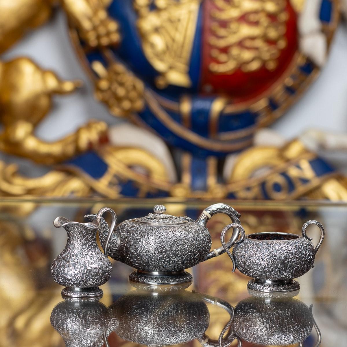 Anglo-Indian Antique 19th Century Indian Kutch Solid Silver Tea Set, Oomersi Mawji c.1890
