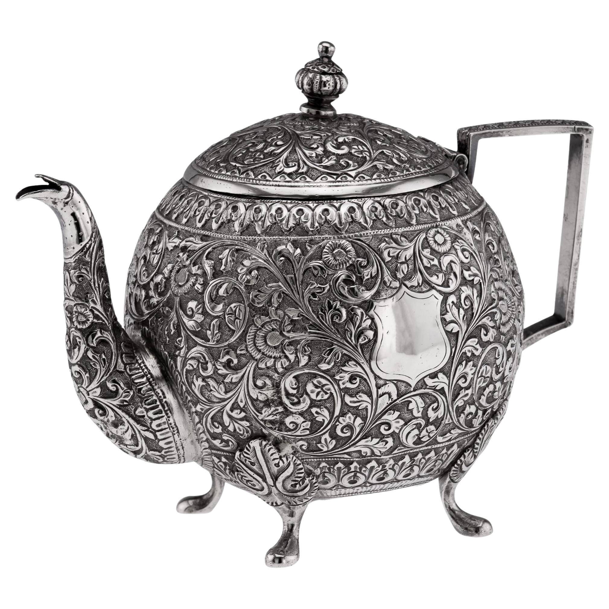 Antique 19th Century Indian Kutch Solid Silver Teapot c.1890 For Sale