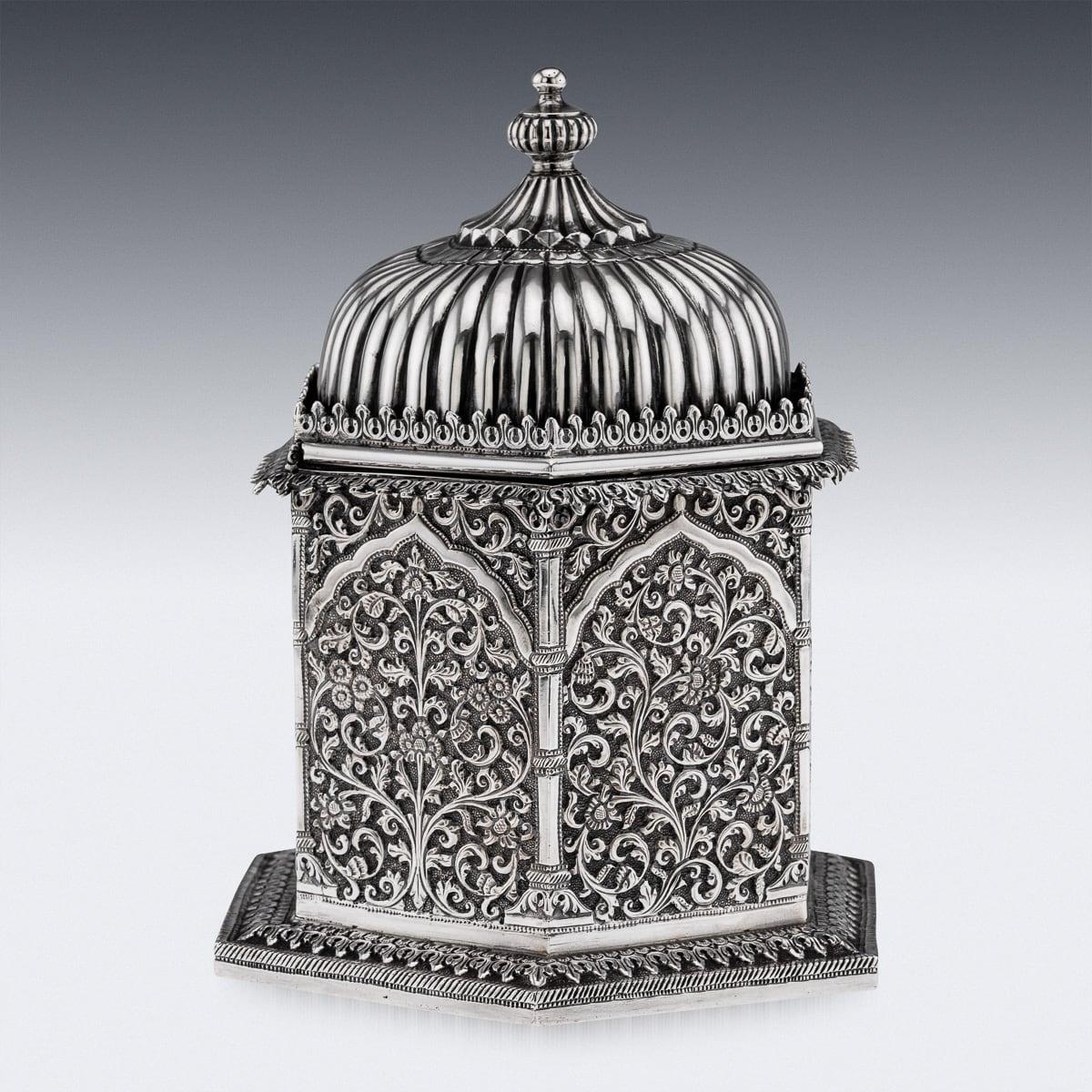 Antique 19th Century Indian Kutch Solid Silver Temple Shaped Tea Caddy c.1880 1