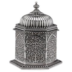 Antique 19th Century Indian Kutch Solid Silver Temple Shaped Tea Caddy c.1880