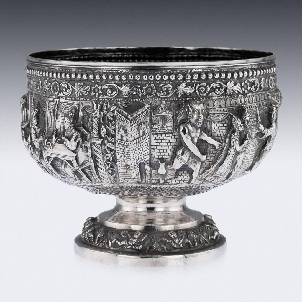 Antique 19th century Indian solid silver bowl, of traditional shape on domed foot, highly-decorative, embossed with various scenes from Ramayana (ancient Indian epic poem which depicts the struggles of the divine prince Rama to rescue his wife Sita