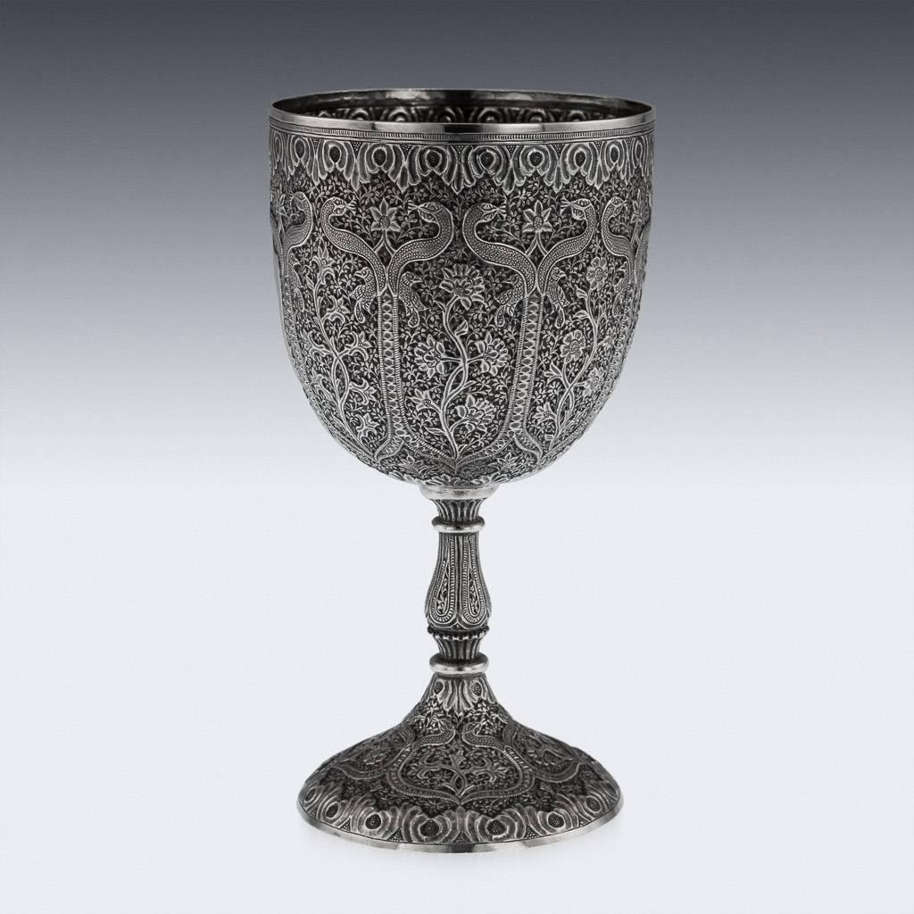 Antique 19th century Indian Kashmiri solid silver large goblet, profusely decorated with snakes and interlacing arabesque and organic design called 