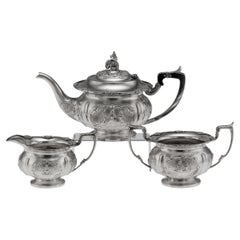 Antique 19th Century Indian Solid Silver Three Piece Tea Set, Bangalore c.1890