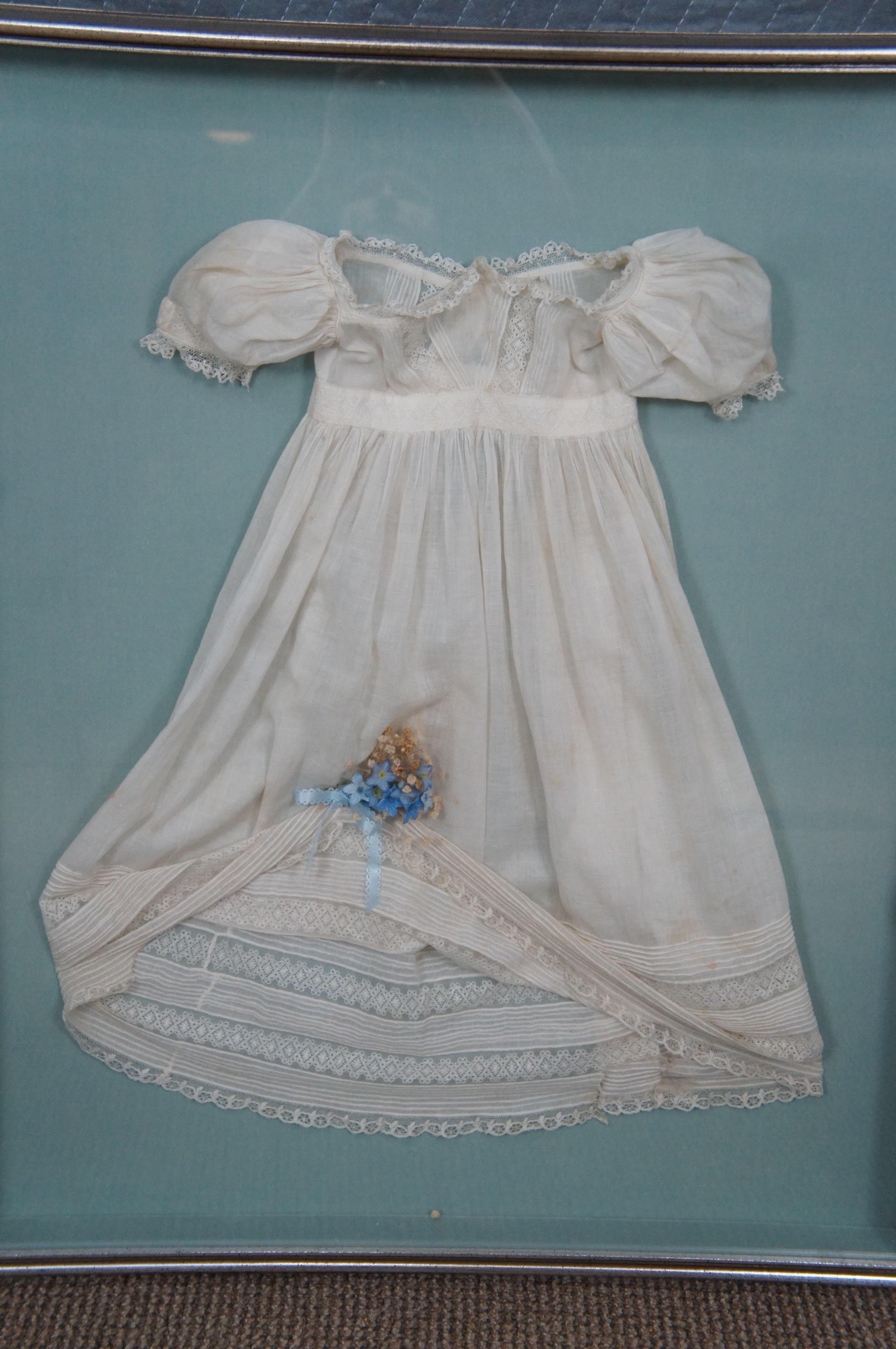 Cotton Antique 19th Century Infant Christening Gown Lace Baby Dress Shadowbox For Sale