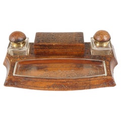 Antique 19th Century Inkstand, Leather, B2782y