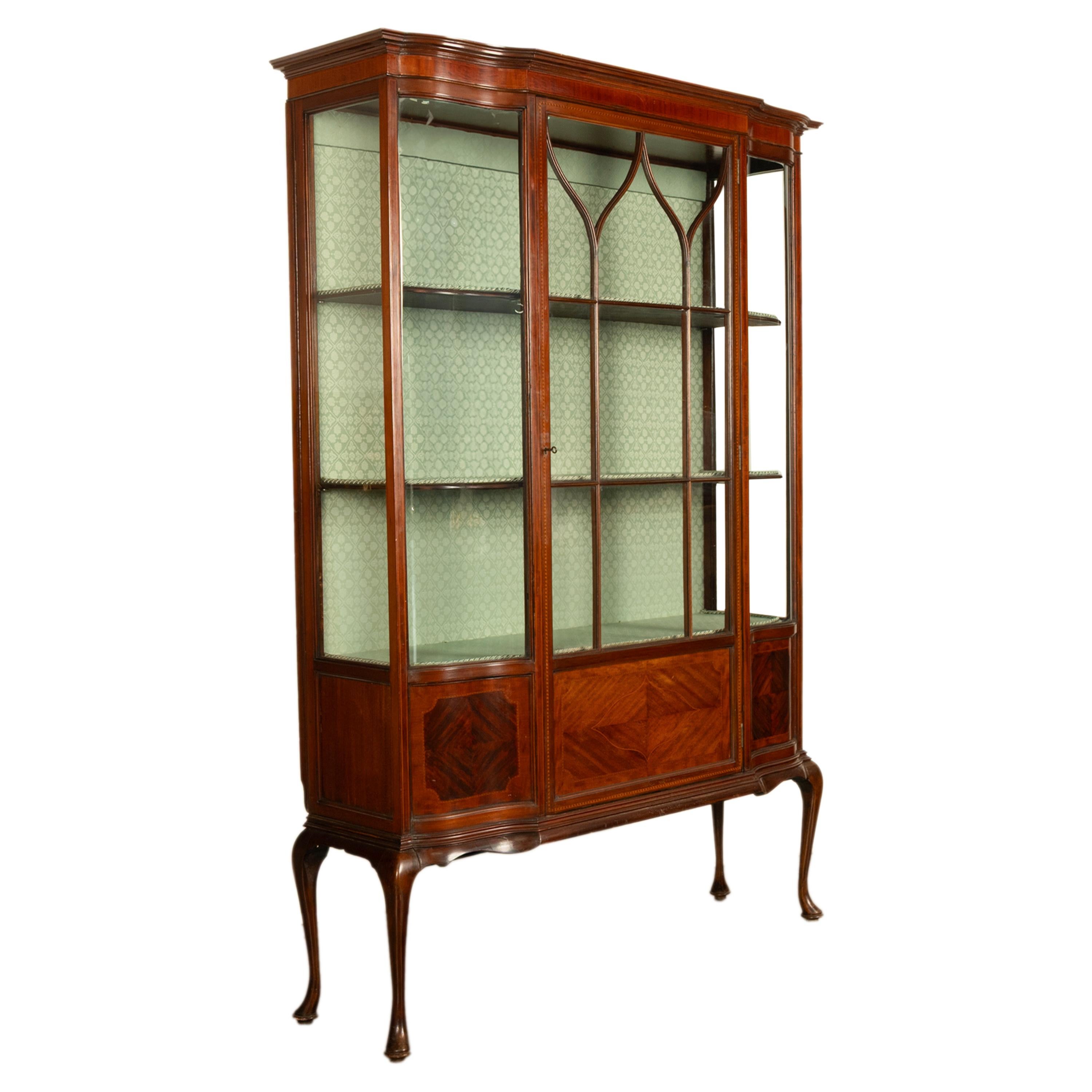 English Antique 19th Century Inlaid Mahogany Regency Revival Display China Hutch 1890 For Sale