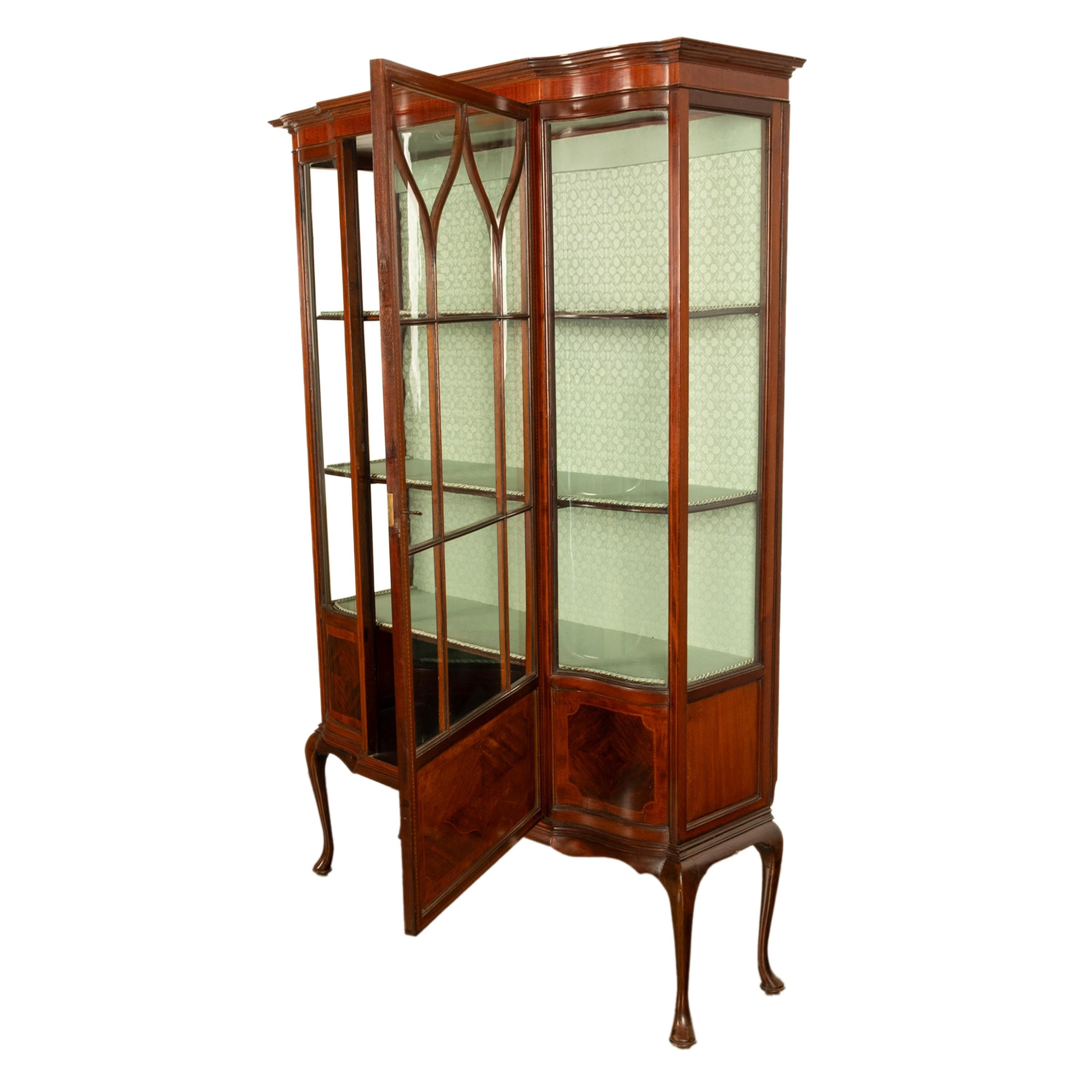 Satinwood Antique 19th Century Inlaid Mahogany Regency Revival Display China Hutch 1890 For Sale
