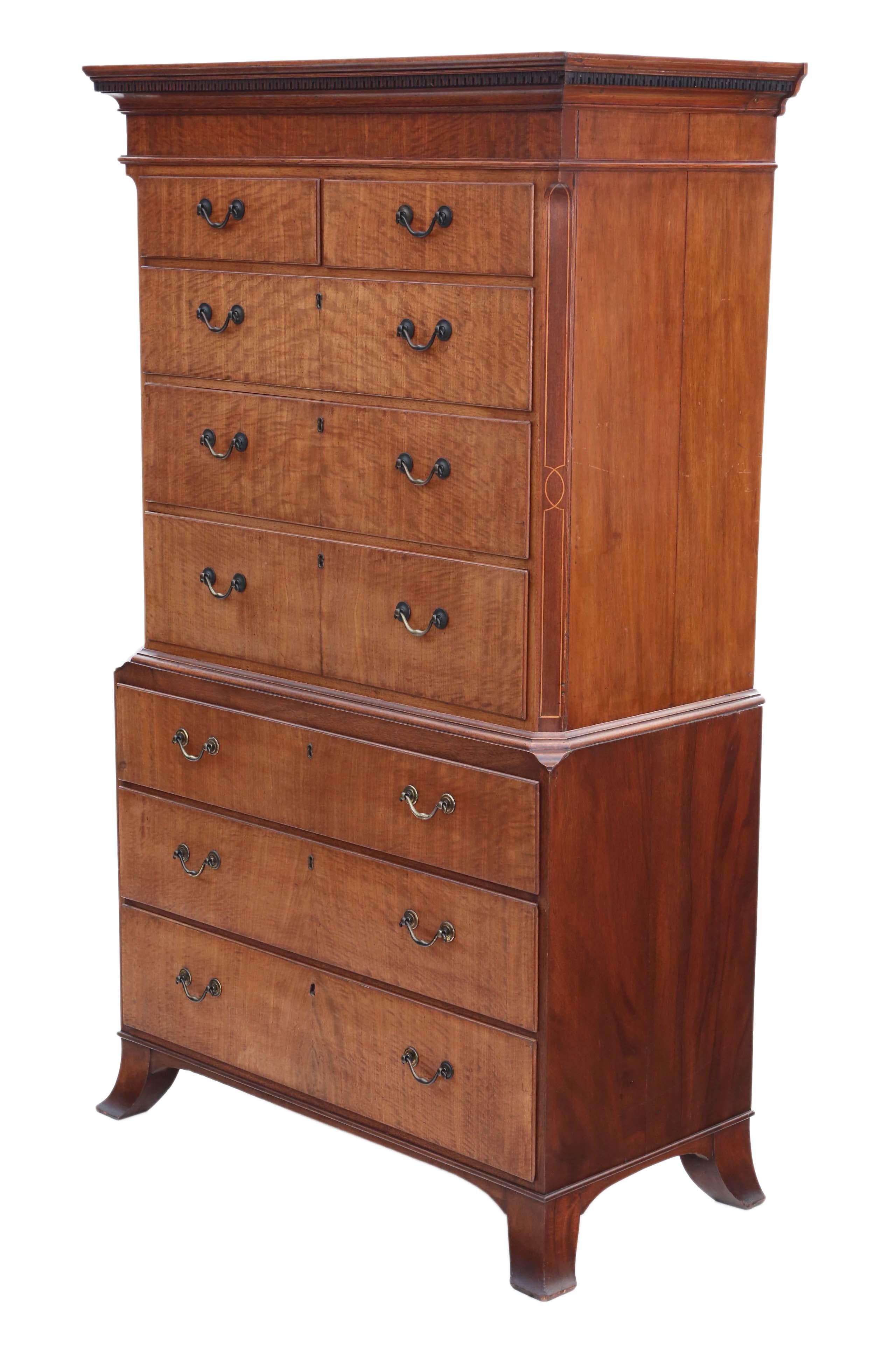 Antique 19th Century Inlaid Mahogany Tallboy Chest on Chest of Drawers For Sale 4