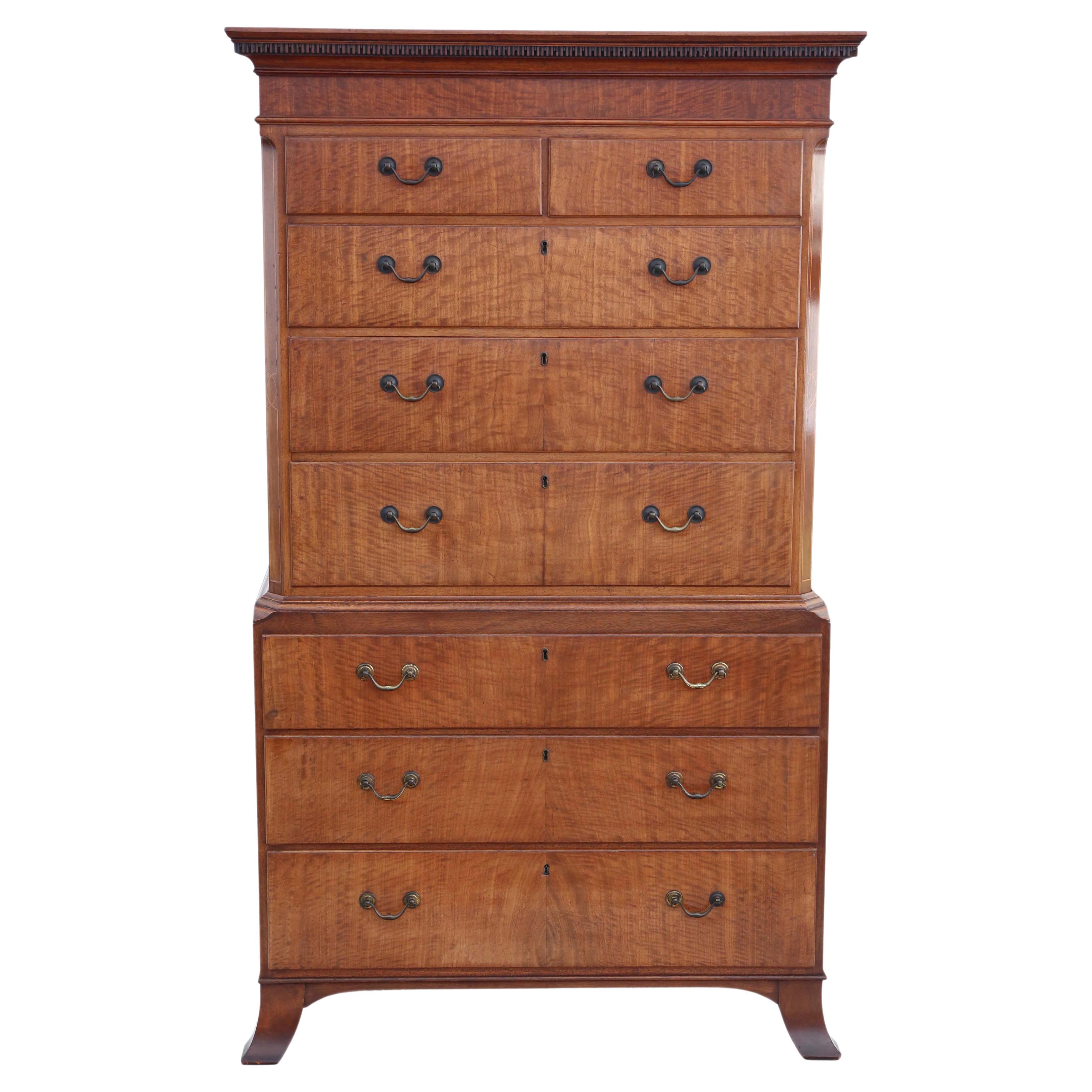 Antique 19th Century Inlaid Mahogany Tallboy Chest on Chest of Drawers For Sale