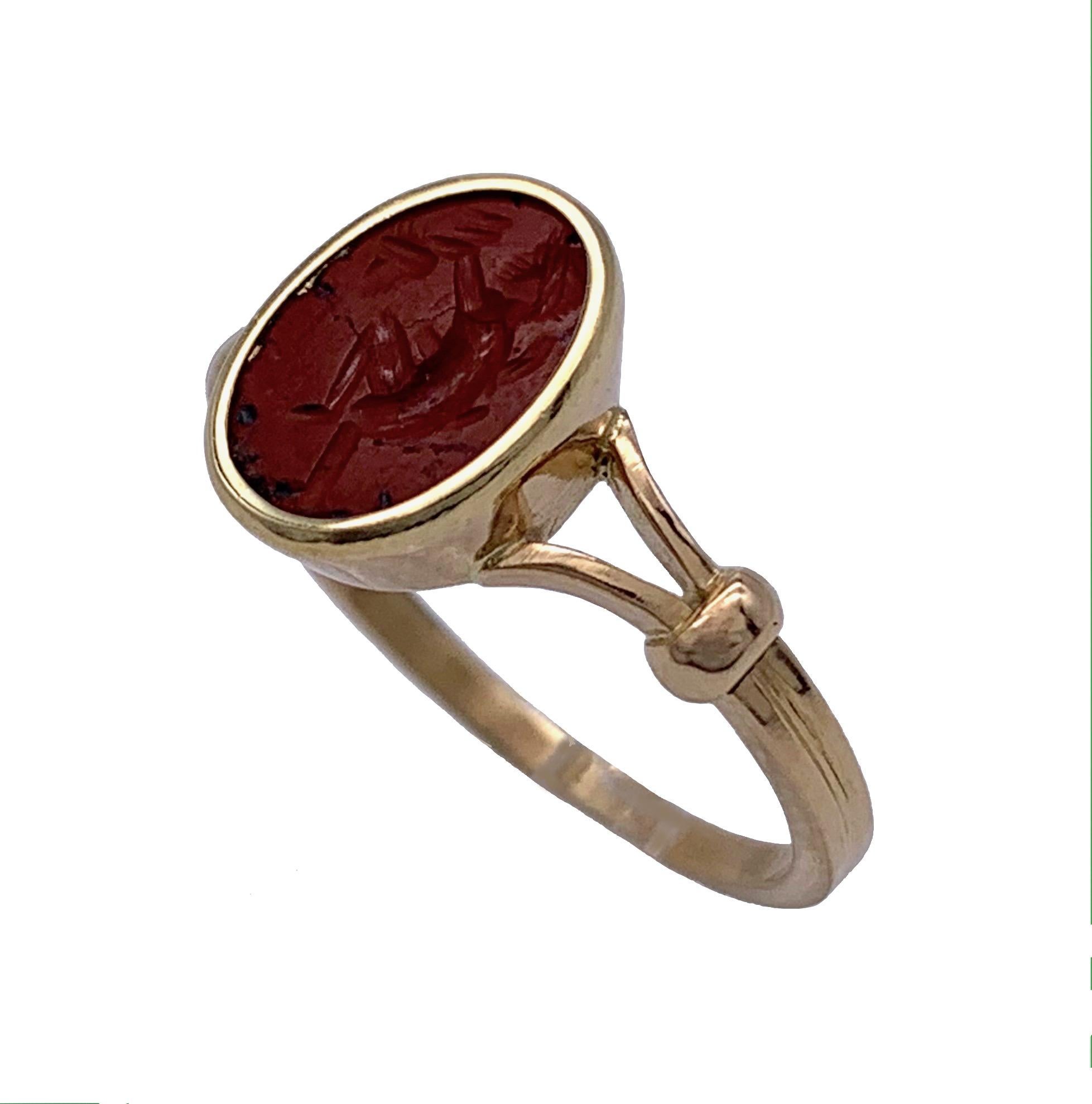 Oval Cut Antique 19th Century Intaglio of a Soldier in a Modern 18 Karat Gold Ring  For Sale