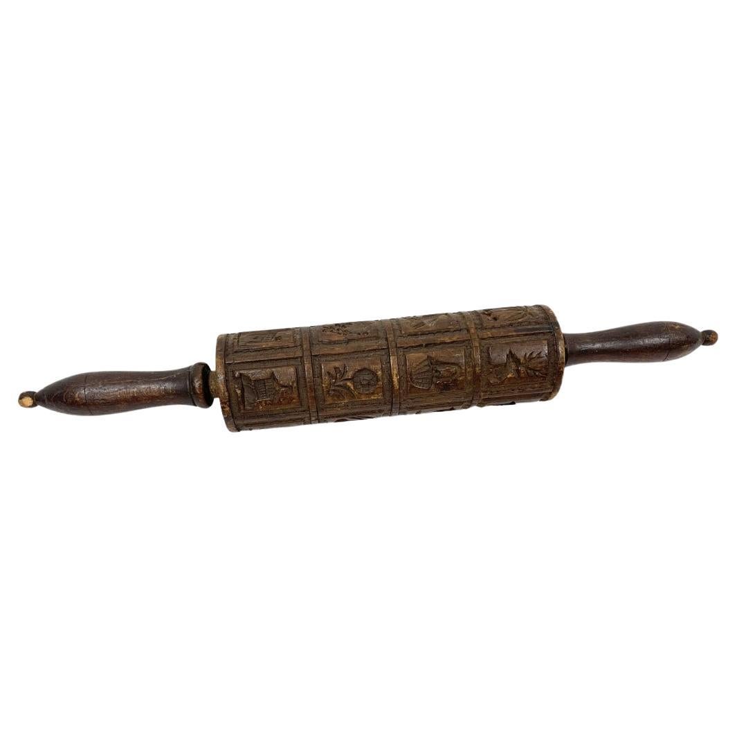 Antique 19th Century Irish Carved Wood Springerle Rolling Pin For Sale