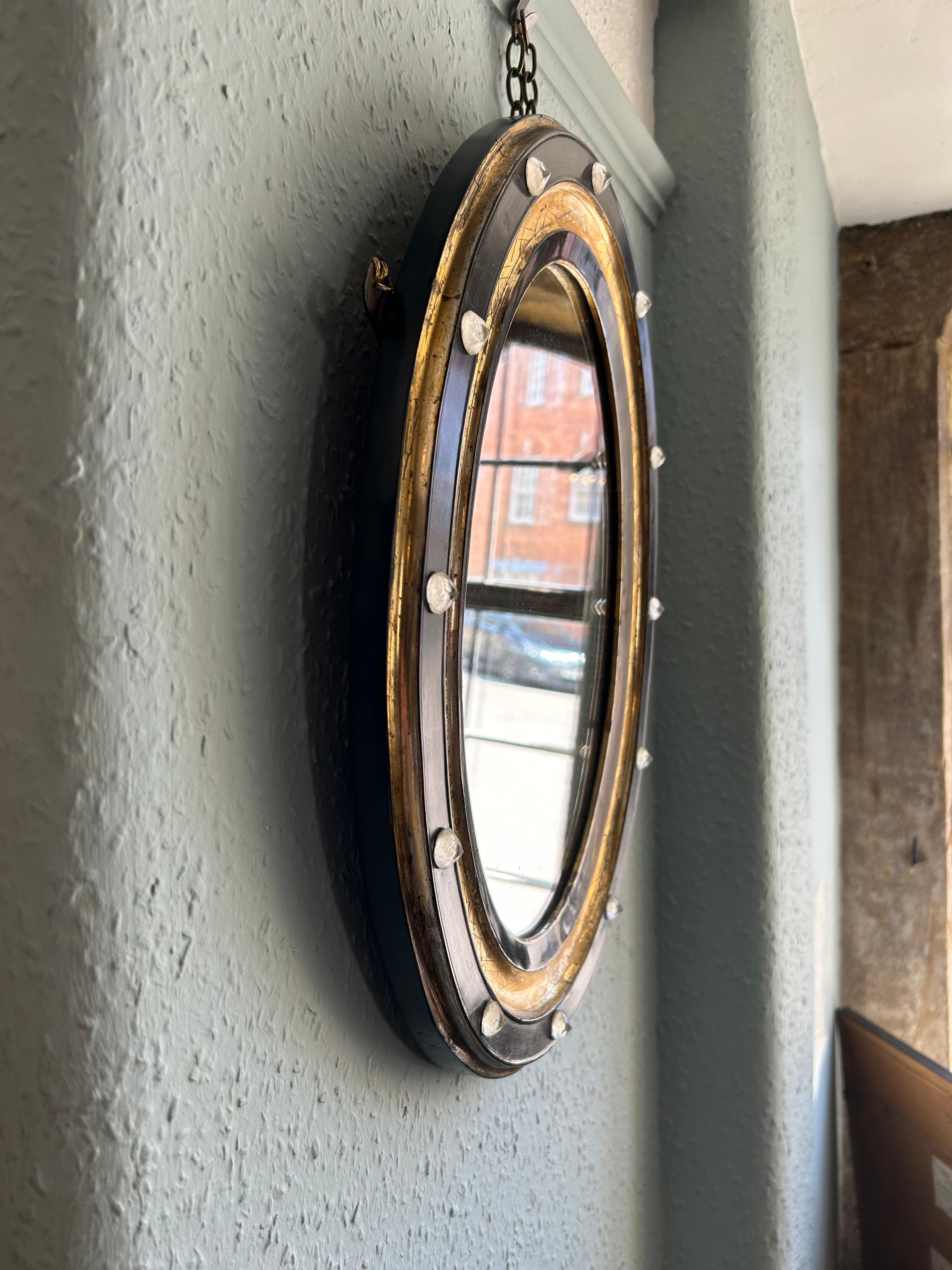 Antique 19th century Irish oval mirror with ebonised & water gilt cross hatched patterned etching & applied cut glass border beads with its original mirror glass, sweet size.