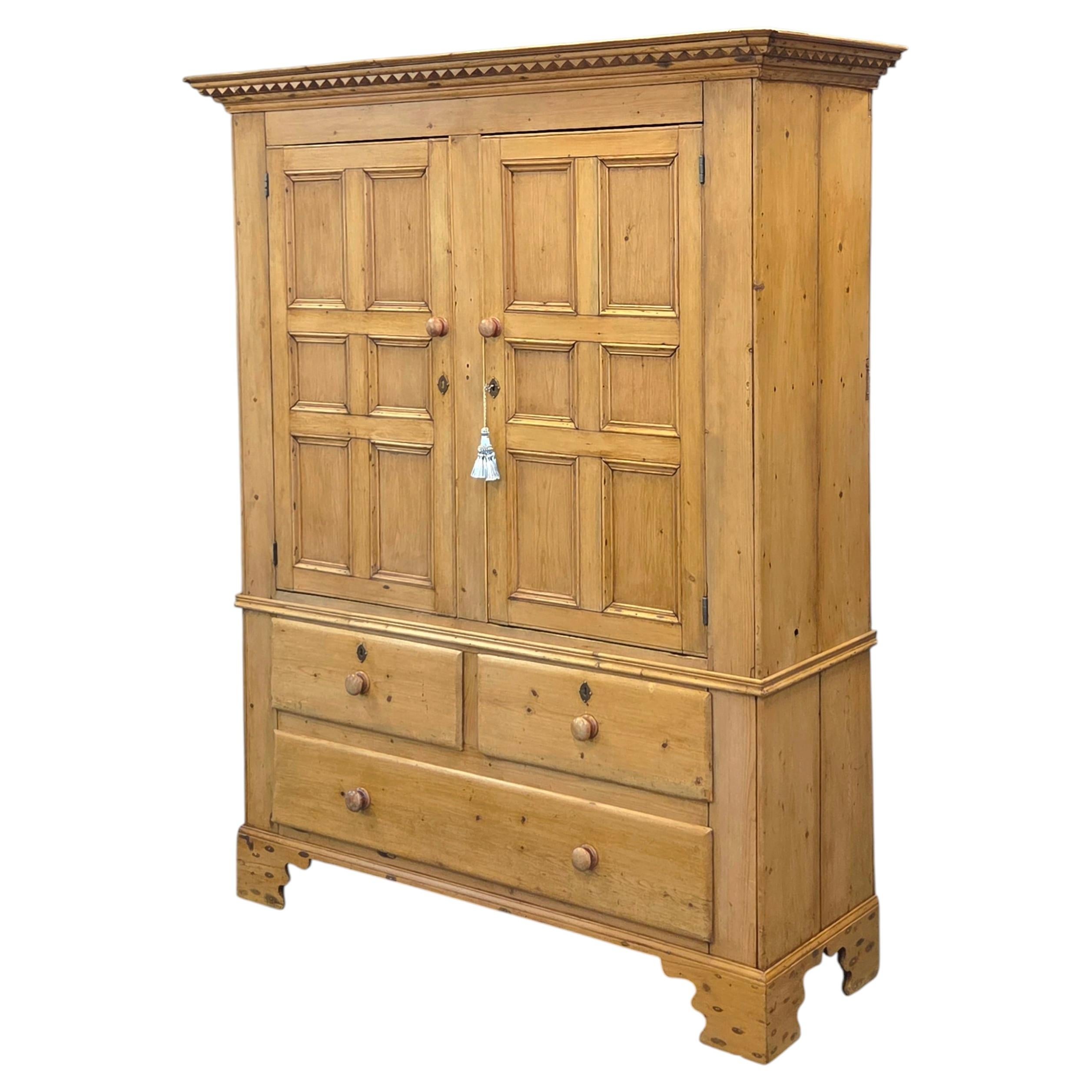 Antique 19th Century Irish Scrubbed Pine Linen Press Cabinet