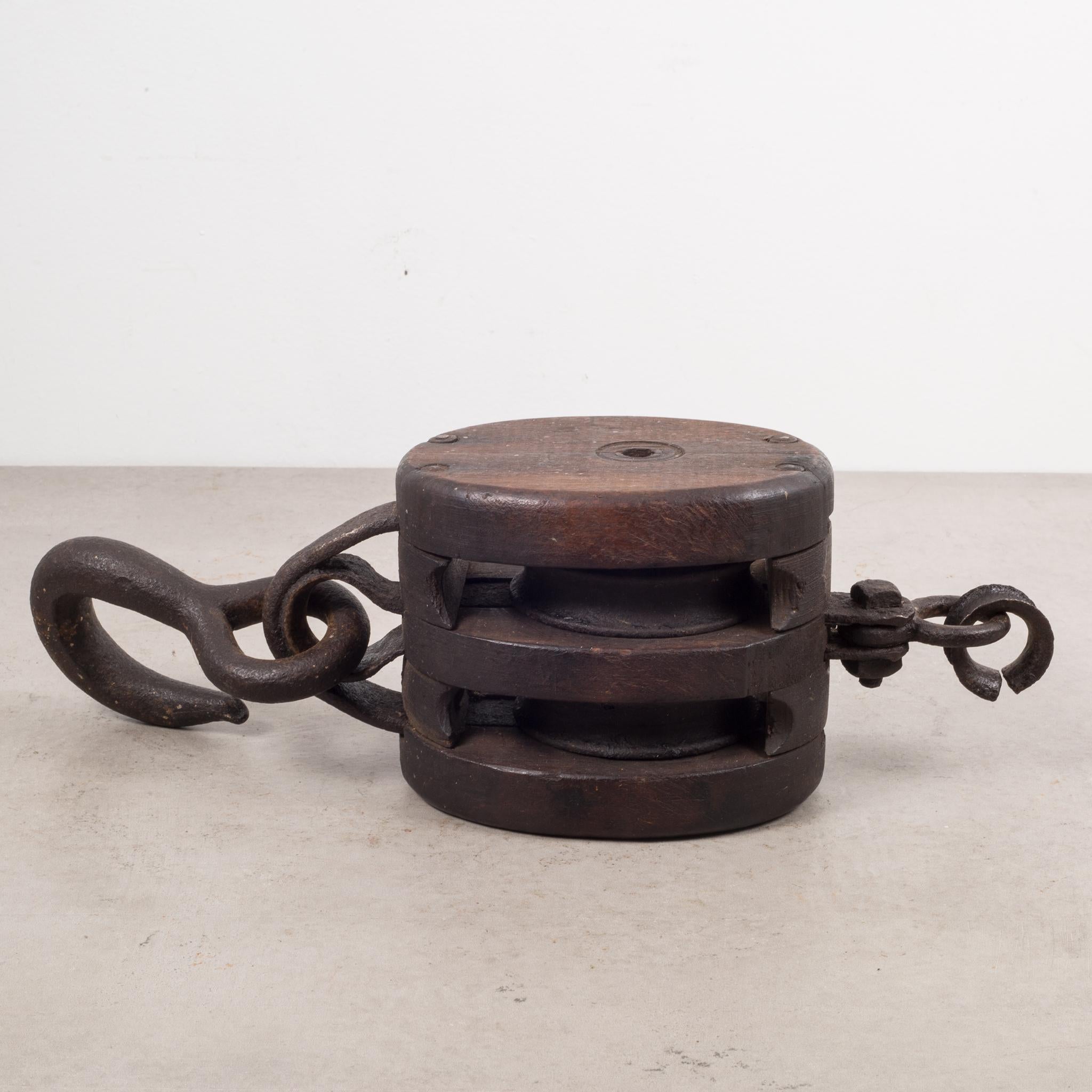 Industrial Antique 19th Century Iron and Wooden Block and Tackle, circa 1800s