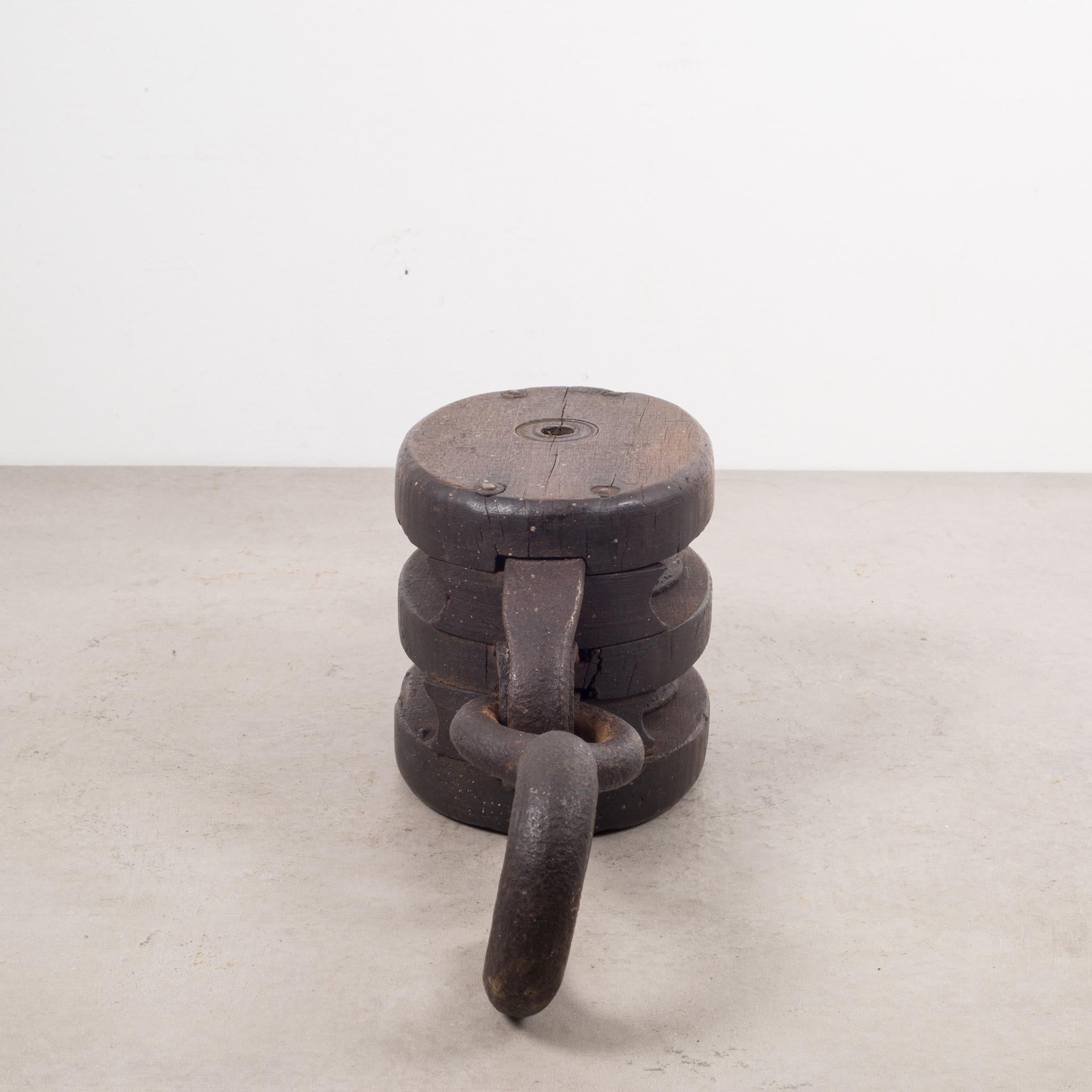 Cast Antique 19th Century Iron and Wooden Block and Tackle, circa 1800s