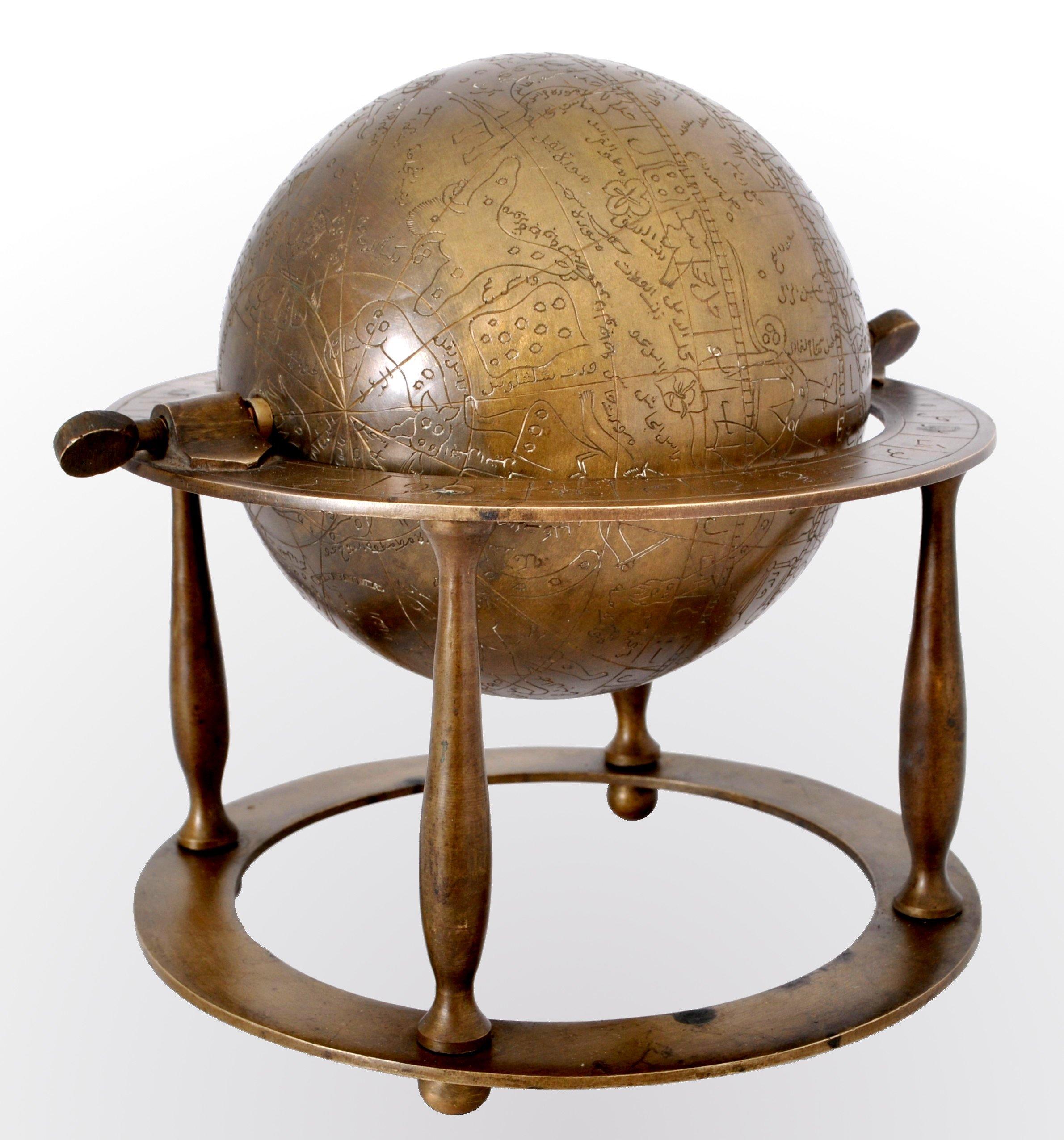 A good antique Islamic Qajar period bronze Arabic armillary (spherical astrolabe), celestial globe, circa 1850. The globe having a graduated ring & standing on four blustered legs, the hollow sphere mounted on an axle & is ornately engraved with