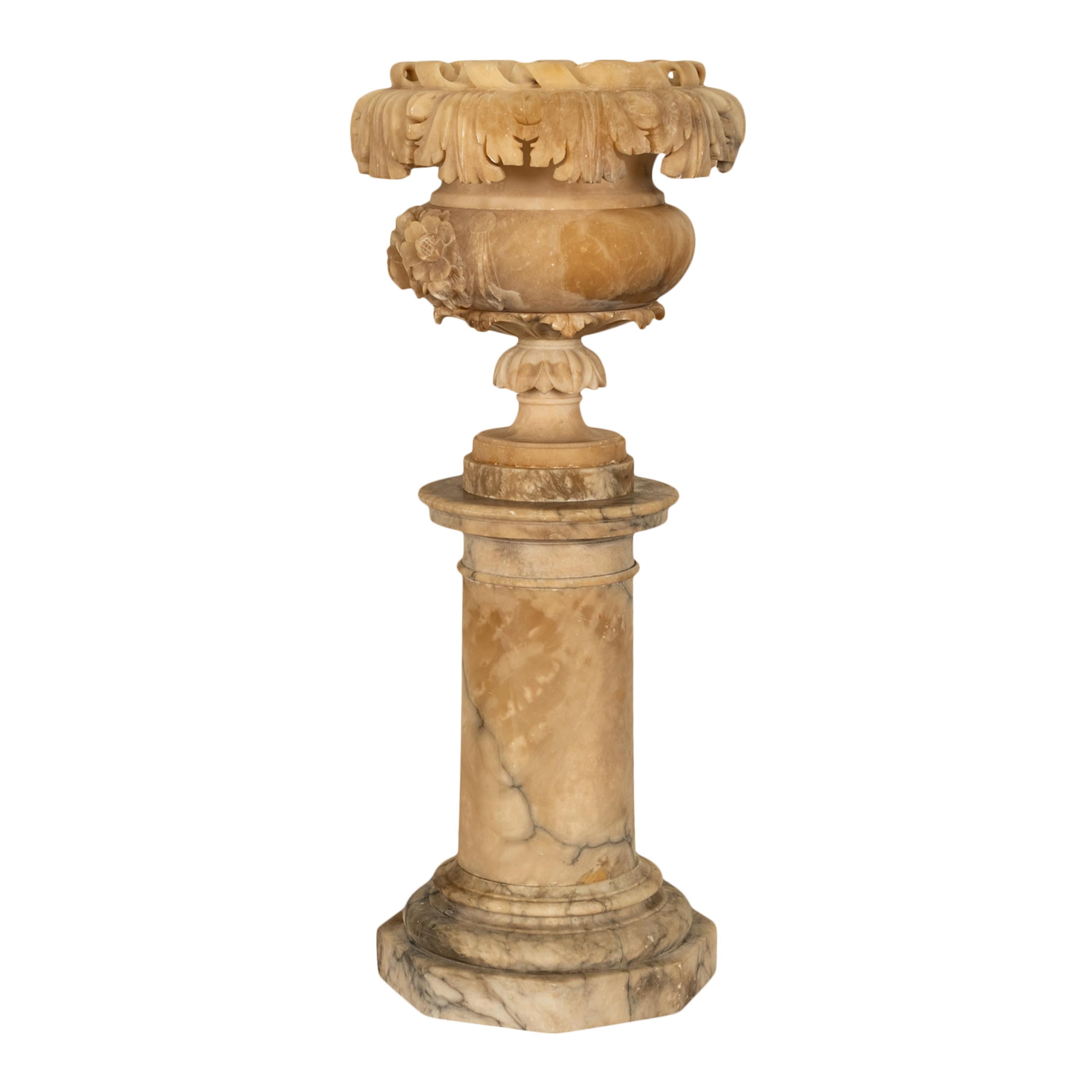 Antique 19th Century Italian Carved Alabaster Neoclassical Urn on Pedestal 1850 In Good Condition For Sale In Portland, OR