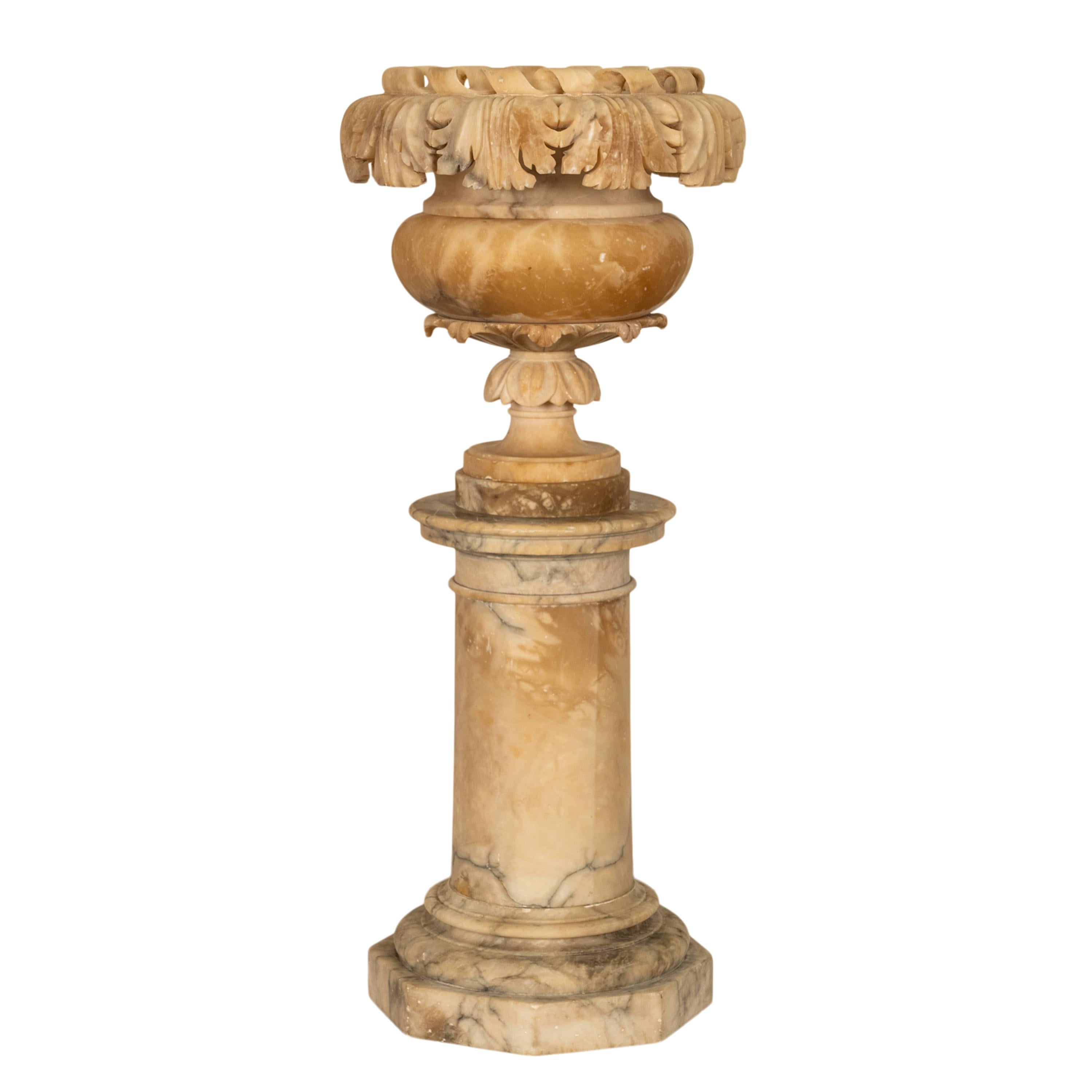 Late 19th Century Antique 19th Century Italian Carved Alabaster Neoclassical Urn on Pedestal 1850 For Sale