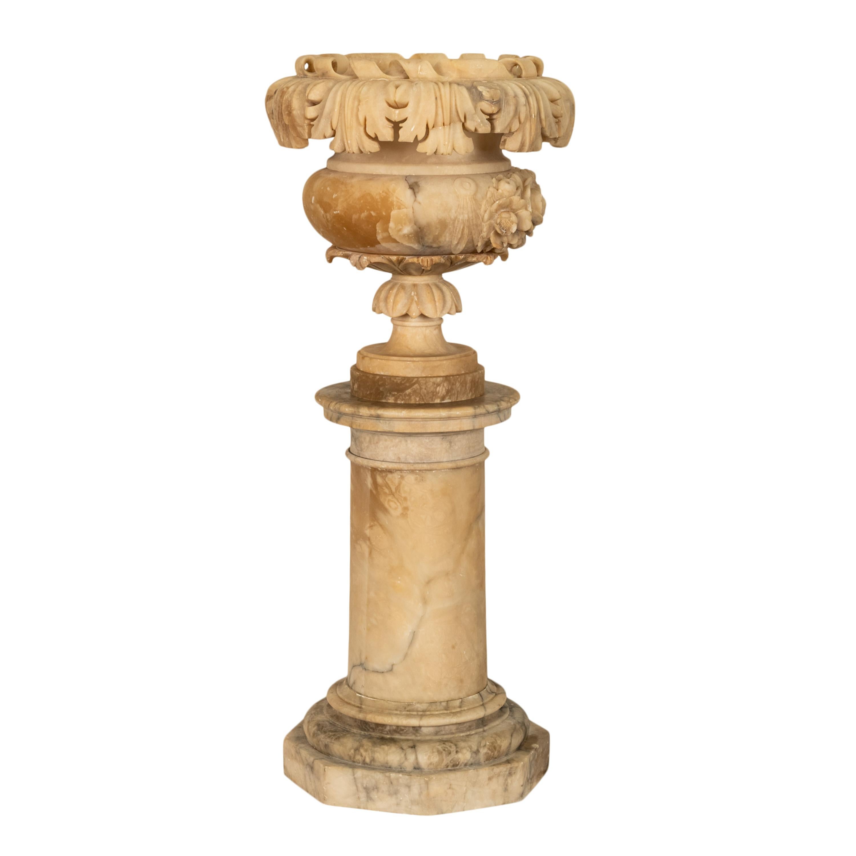 Antique 19th Century Italian Carved Alabaster Neoclassical Urn on Pedestal 1850 For Sale 1