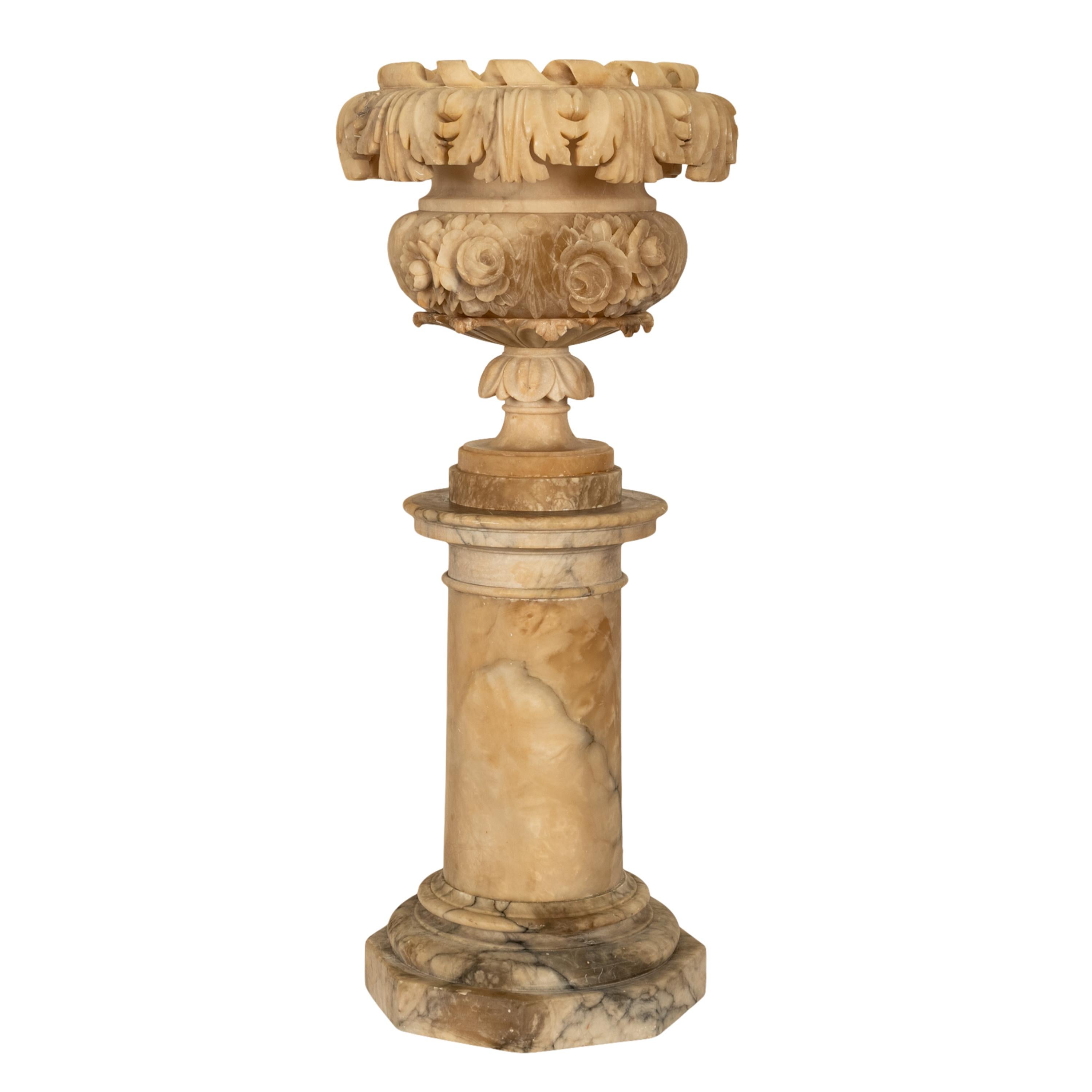 Antique 19th Century Italian Carved Alabaster Neoclassical Urn on Pedestal 1850 For Sale 2
