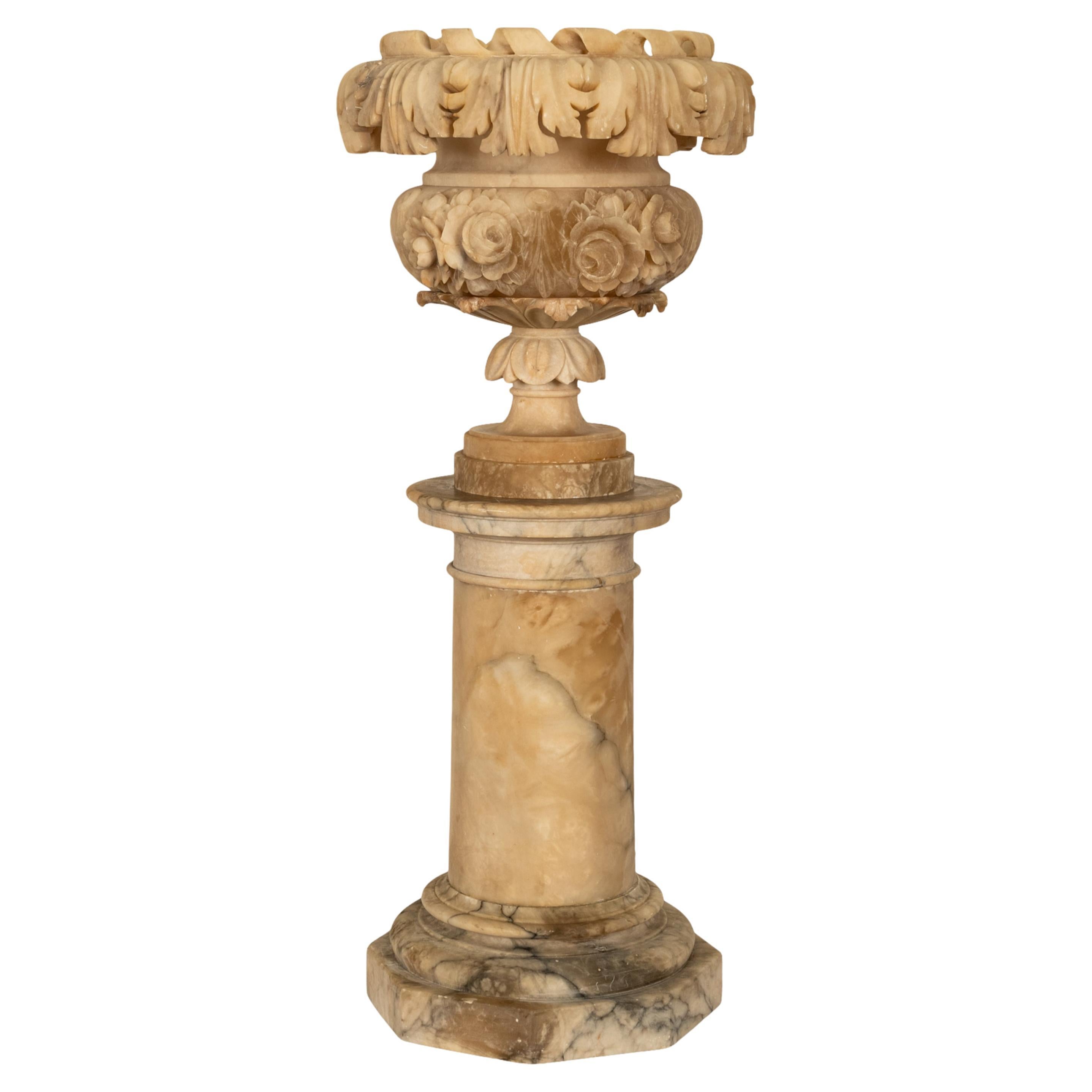 Antique 19th Century Italian Carved Alabaster Neoclassical Urn on Pedestal 1850