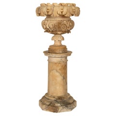 Vintage 19th Century Italian Carved Alabaster Neoclassical Urn on Pedestal 1850