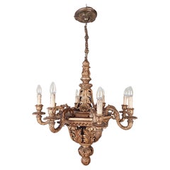 Antique 19th Century Italian Carved Wooden Gold Patinated Chandelier