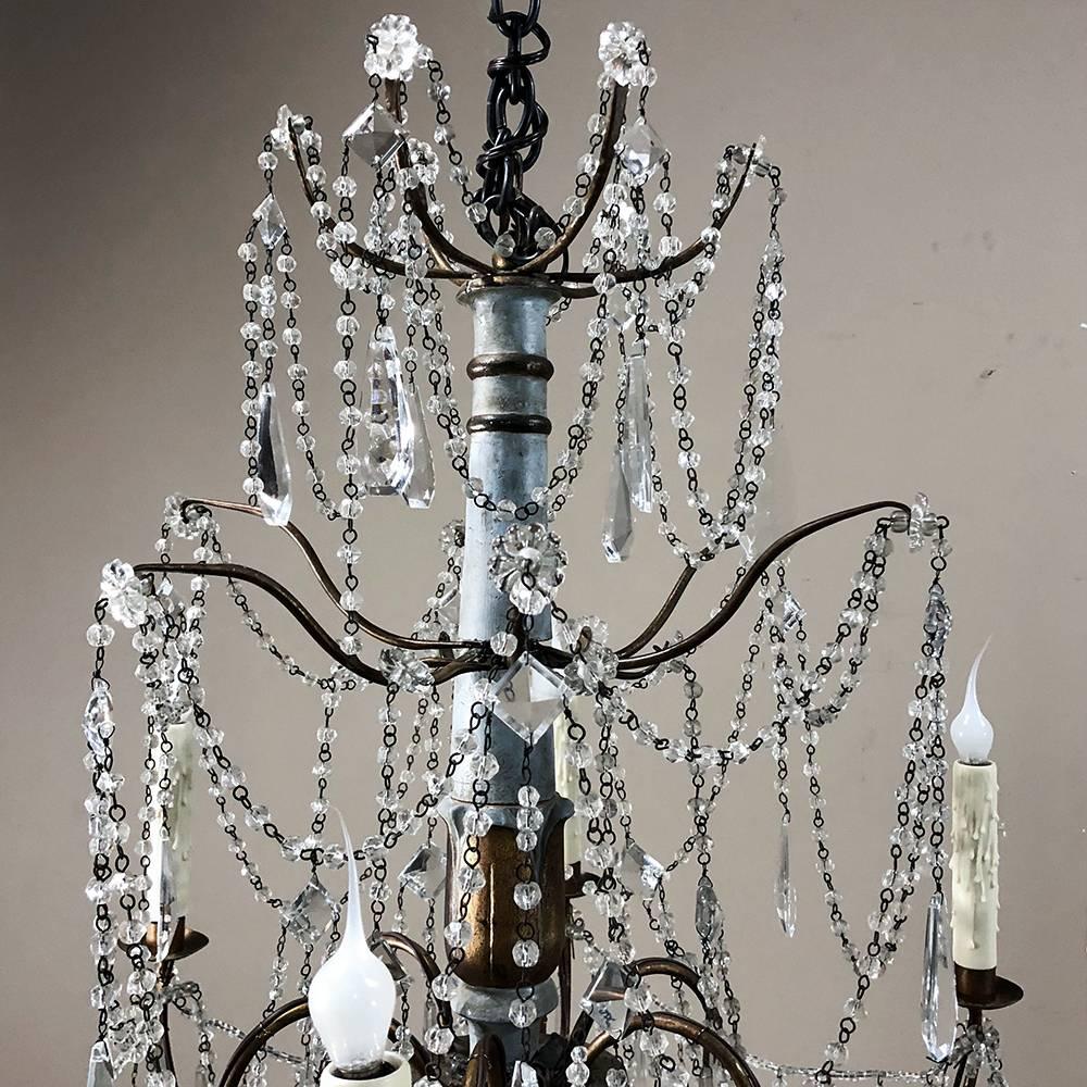 Antique 19th Century Italian Crystal and Silver Leaf Carved Wood Chandelier 6