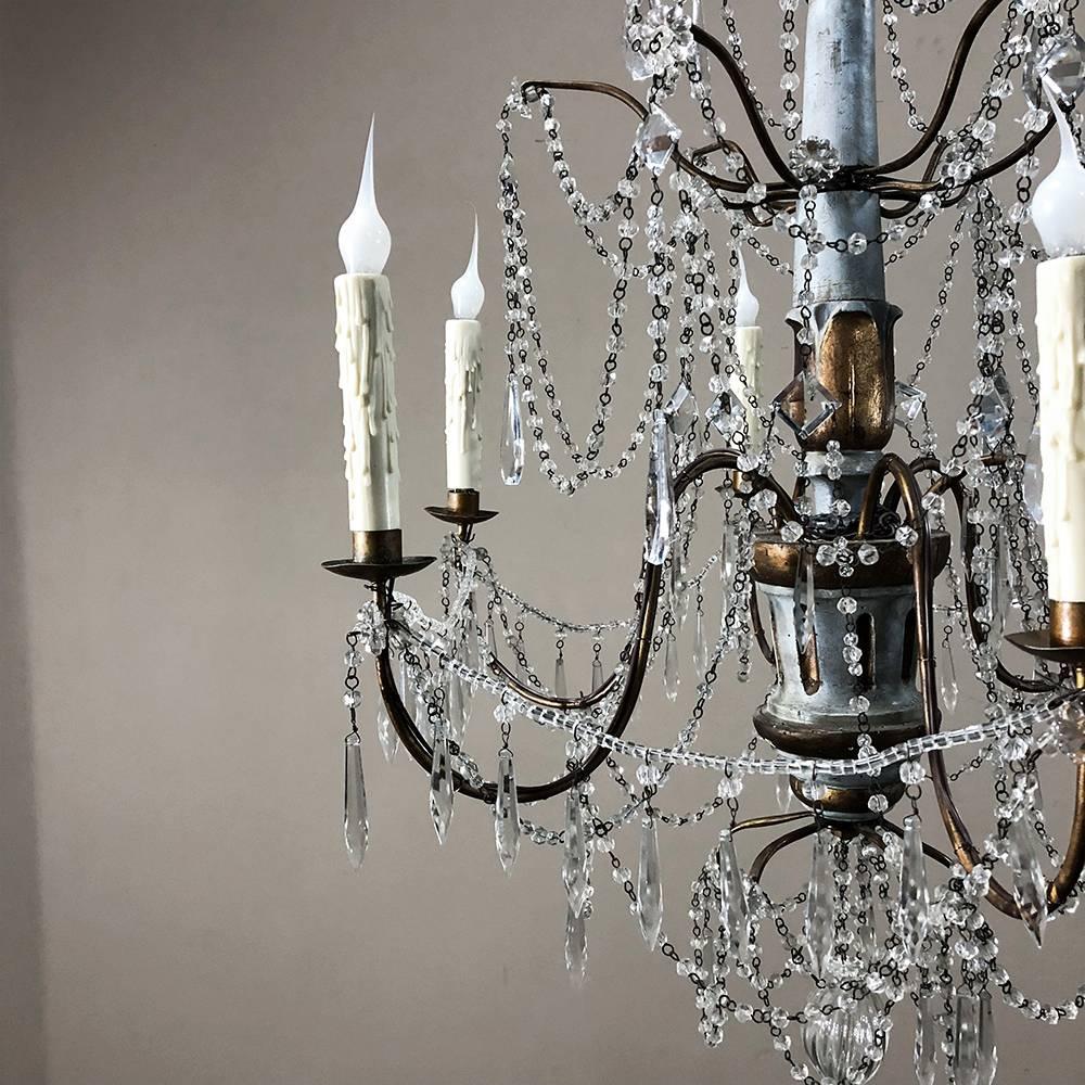 Antique 19th Century Italian Crystal and Silver Leaf Carved Wood Chandelier 7