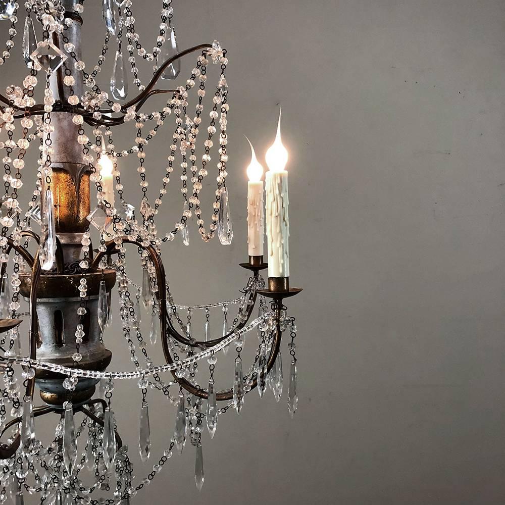 Neoclassical Antique 19th Century Italian Crystal and Silver Leaf Carved Wood Chandelier
