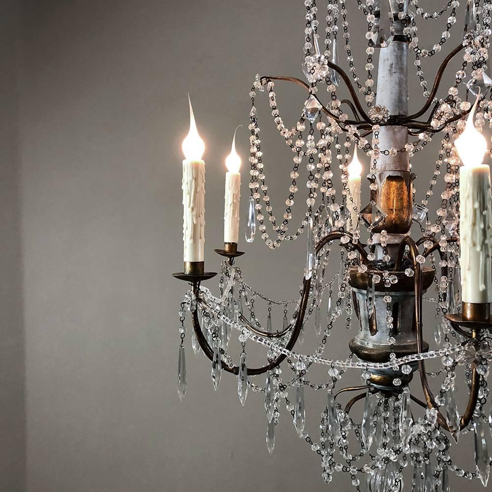 Hand-Crafted Antique 19th Century Italian Crystal and Silver Leaf Carved Wood Chandelier